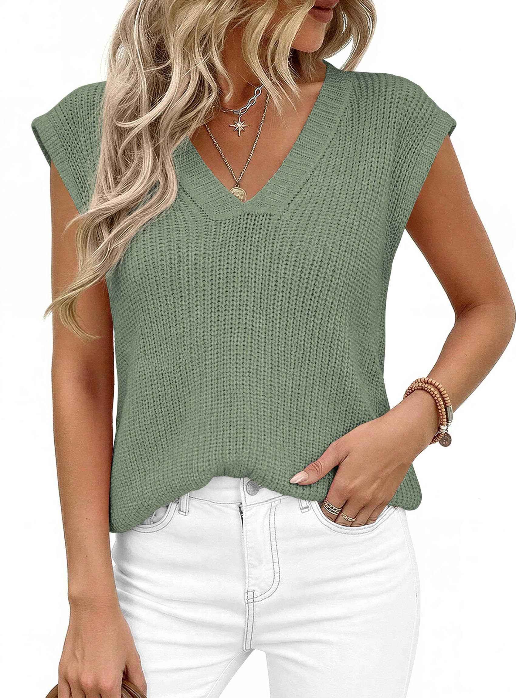 Women's Cap Sleeve Sweaters Vest Summer Tops (Green,S)