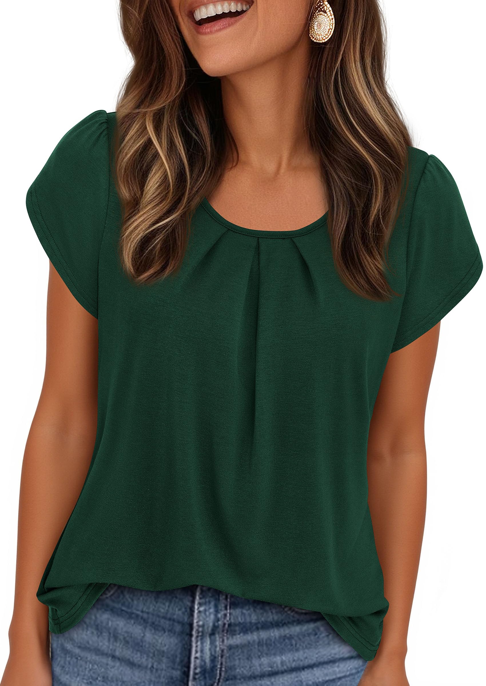 Women's Summer Short Sleeve Tops Casual Blouses,Dark Green,S