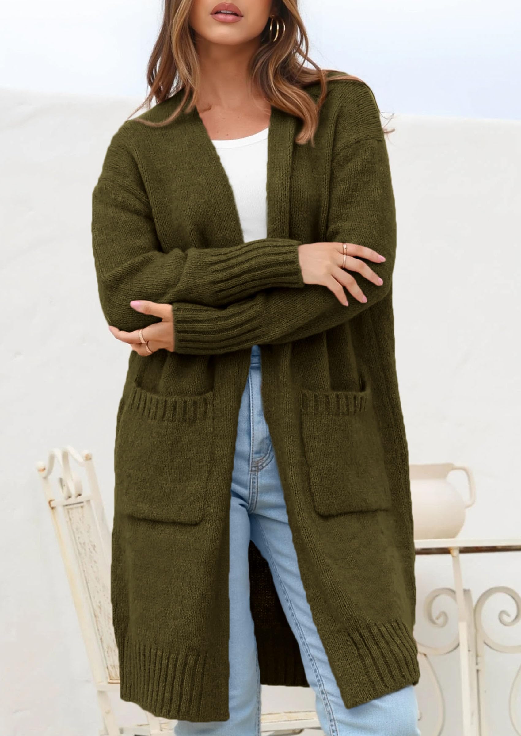 Open Front Cardigan Sweaters for Women,Army Green,S