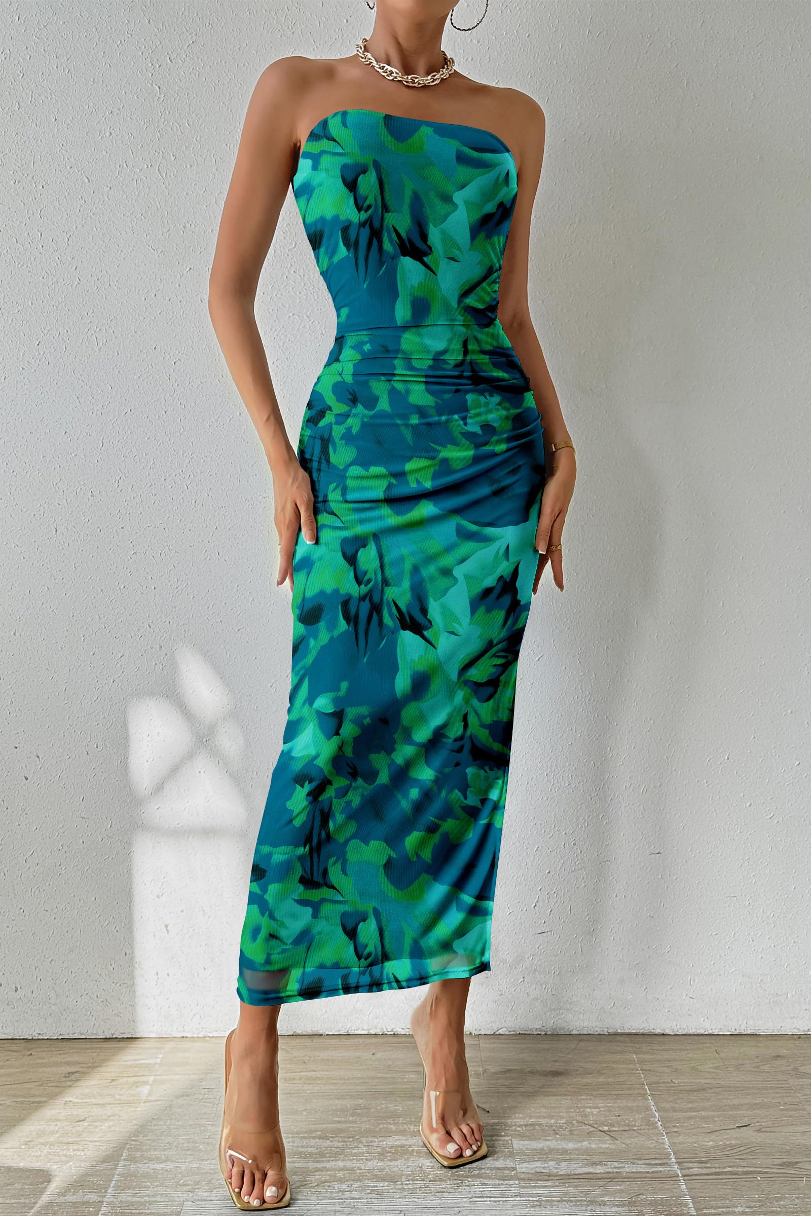 Womens Strapless Bodycon Maxi Dress, Green Big Floral,S