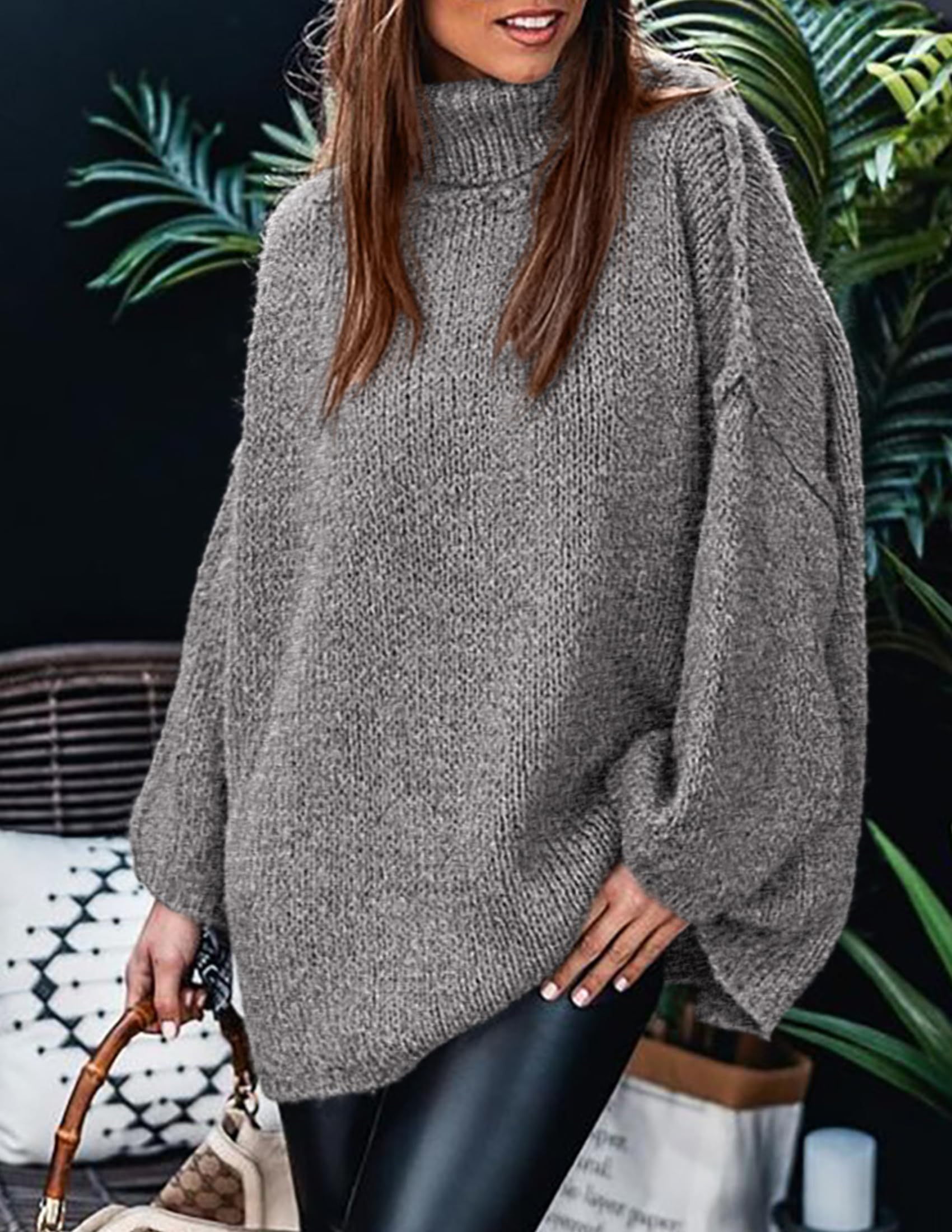 Womens Turtleneck Long Sleeve Oversized Sweaters,Grey,S