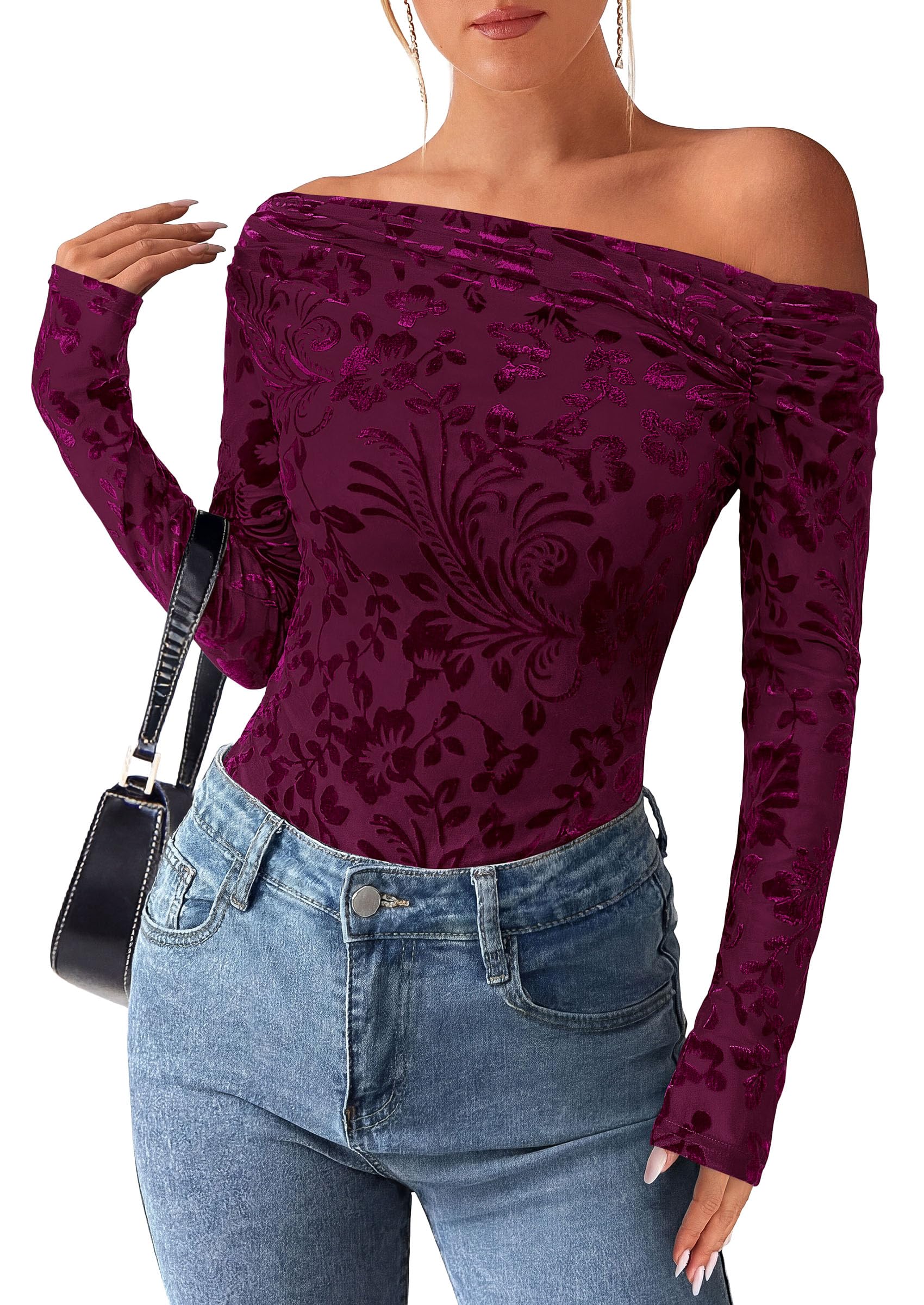 Off the Shoulder Tops for Women Fall Mesh Floral Blouses