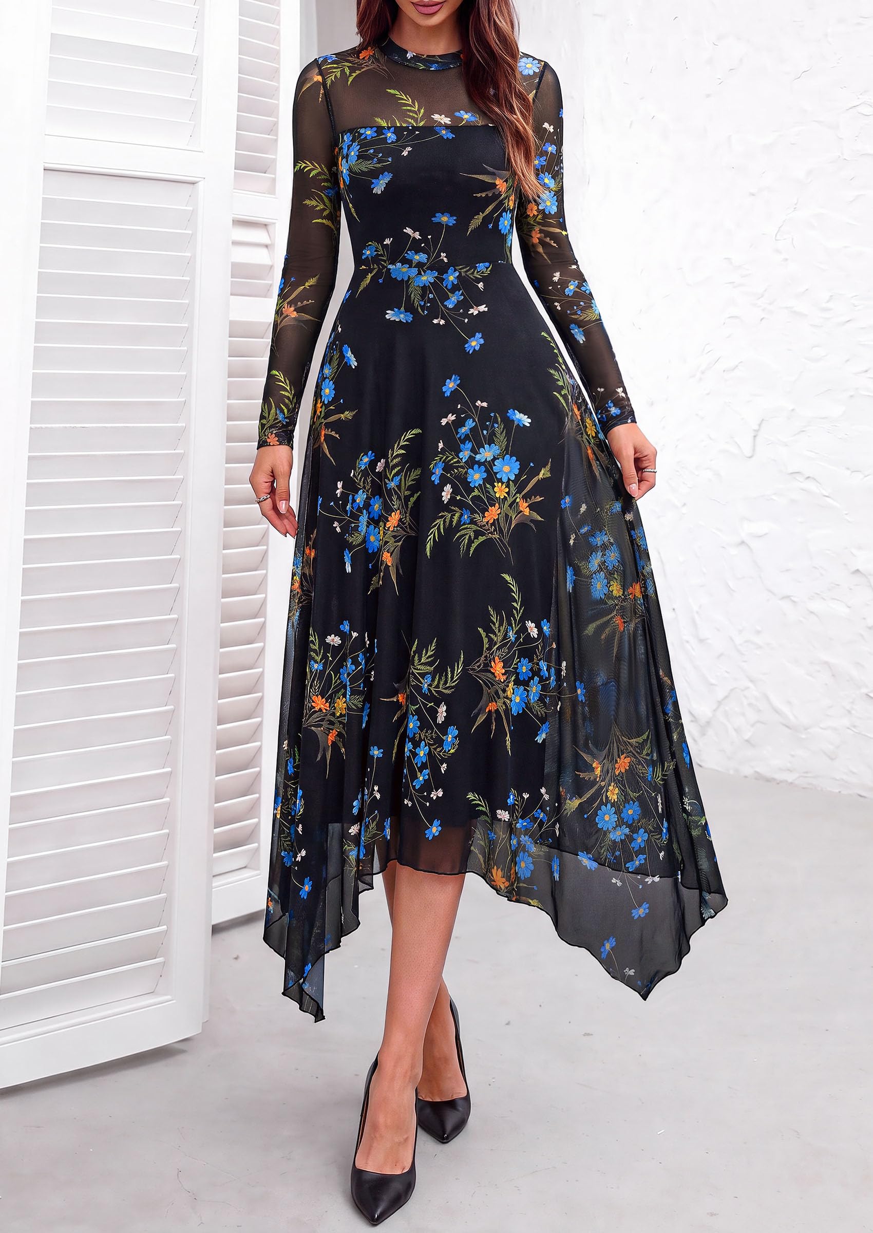 Women's Floral Mesh Midi Dress,Floral Black Blue Yellow,S