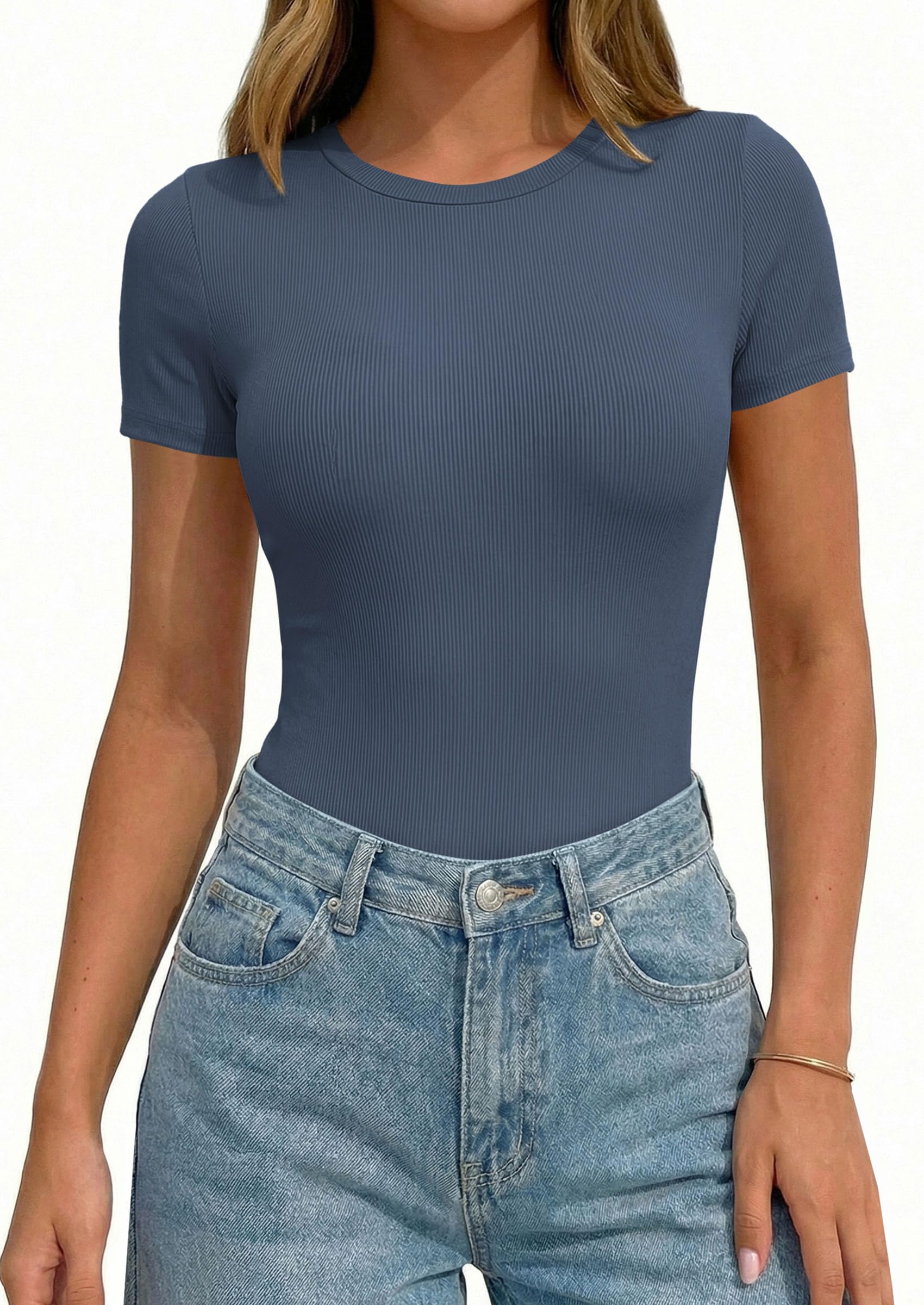 Body Suits for Womens Short Sleeve Summer Tops, Dusty Blue,XS
