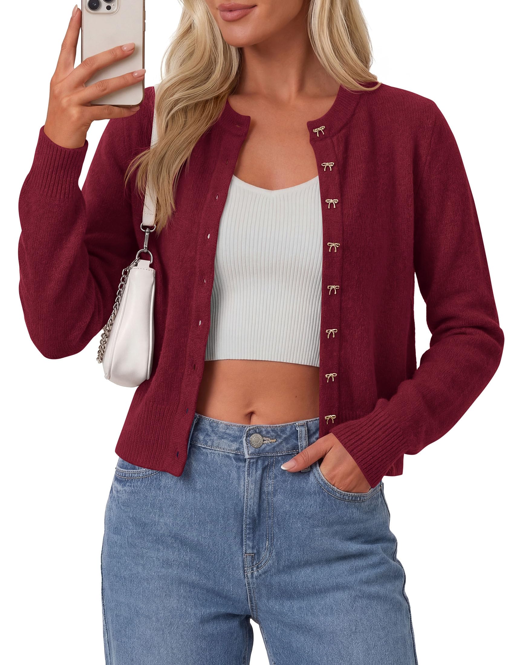 Cardigan Sweaters for Women Cropped Bow Button Up Cardigan