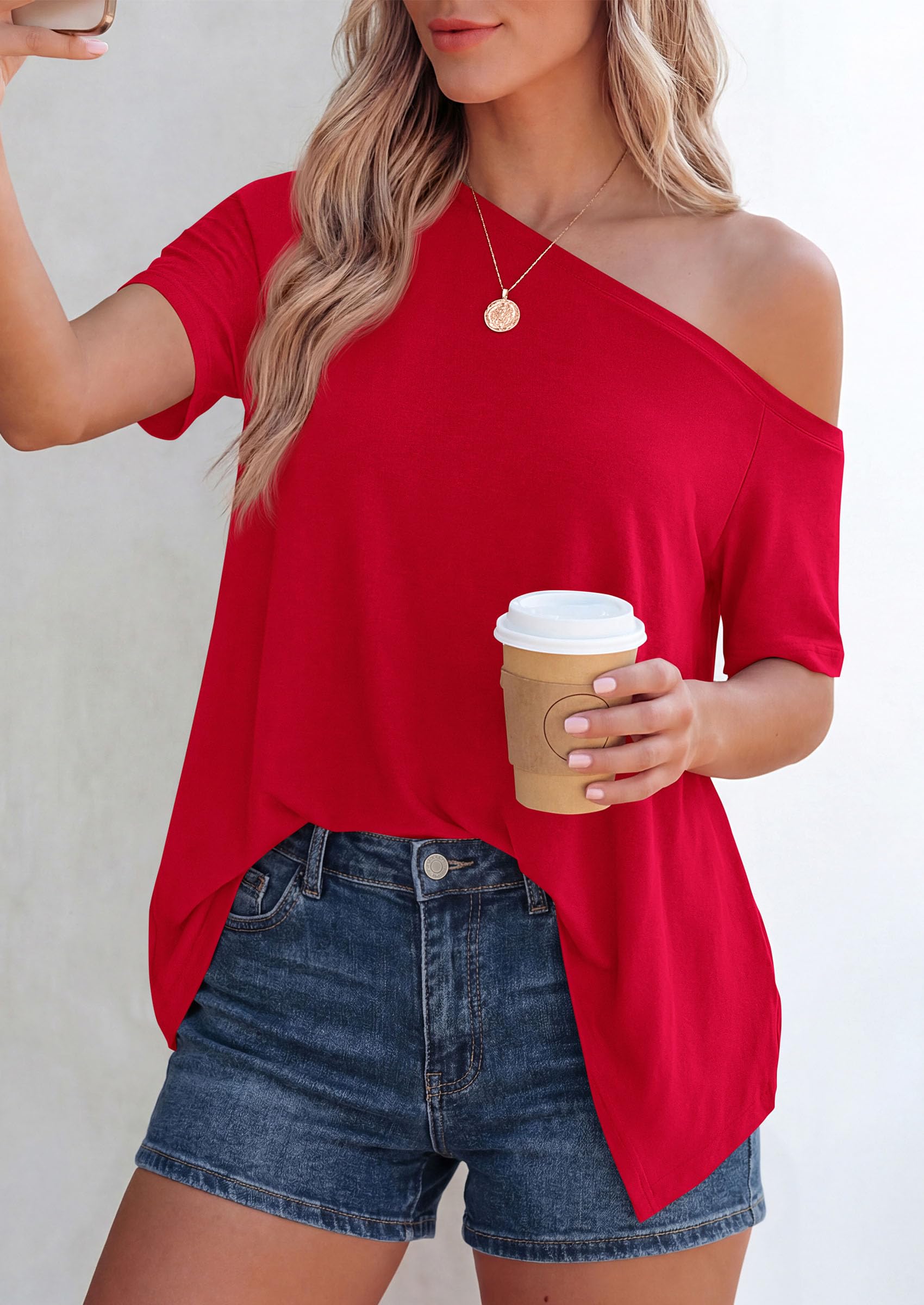 Off Shoulder Tops for Women Oversized Tshirts, Red,S