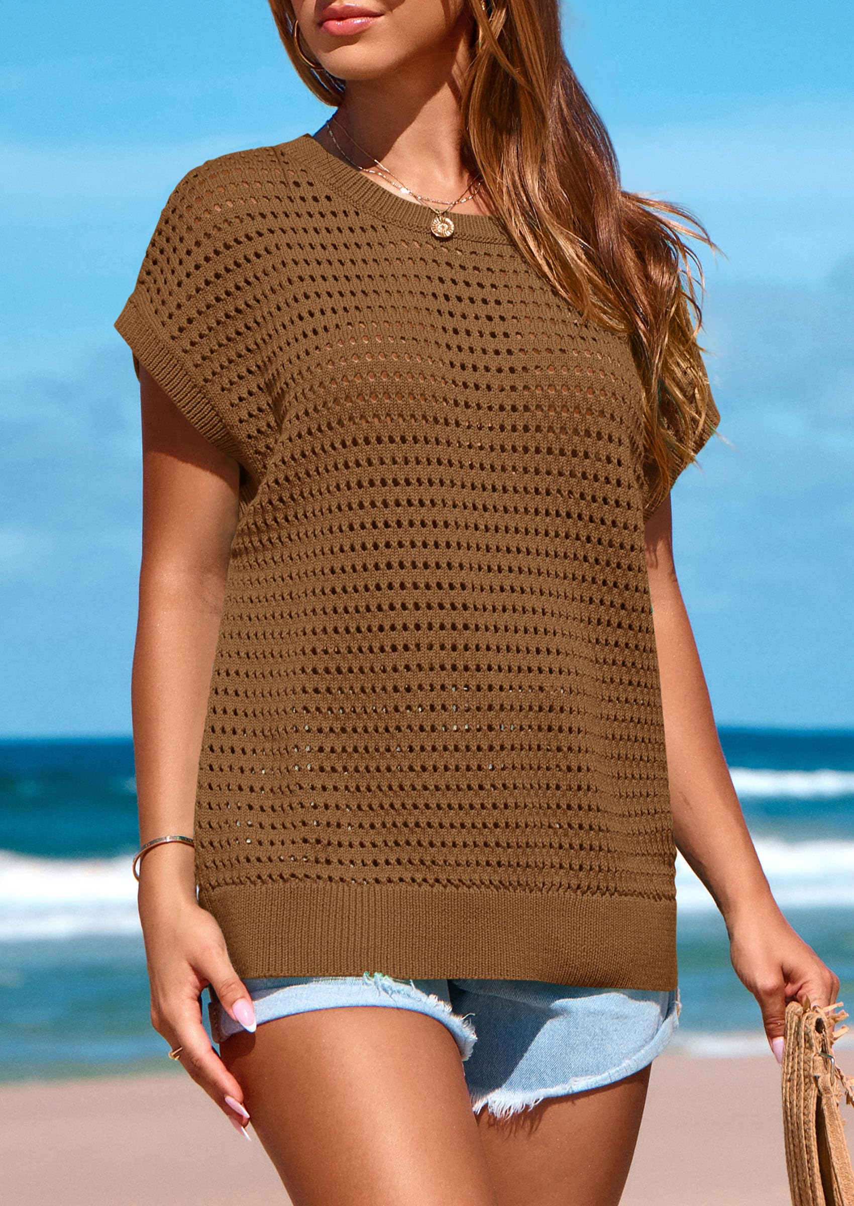 Women's Summer Crochet Cap Sleeve Sweater Tops,Brown,M