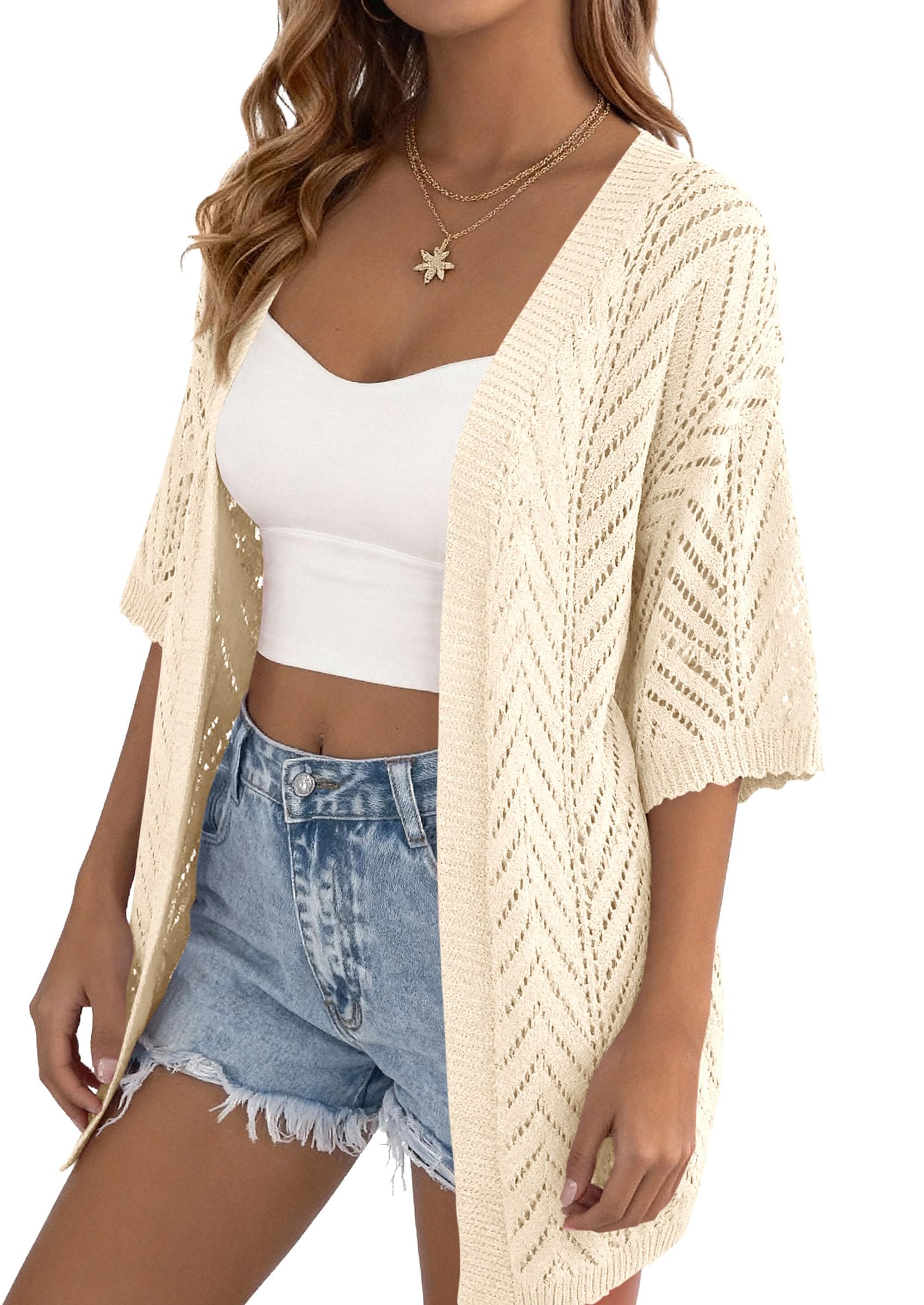 Women Lightweight Summer Short Sleeve Cardigan, Beige,S