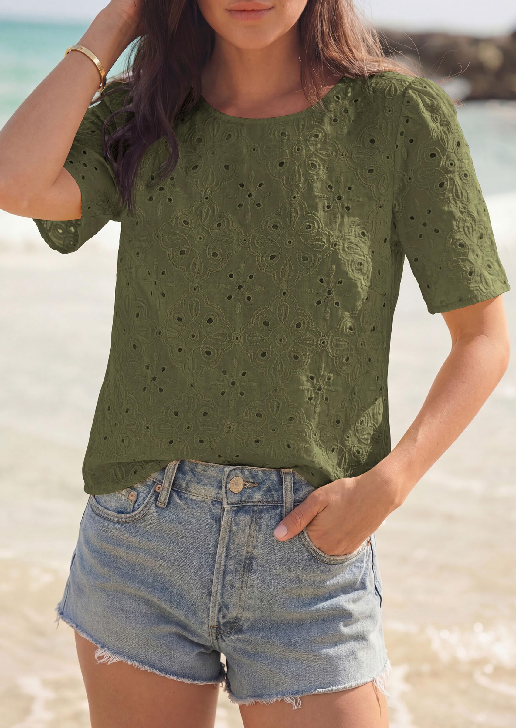 Women's Embroidered Eyelet Short Sleeve Blouse, Army Green,XS