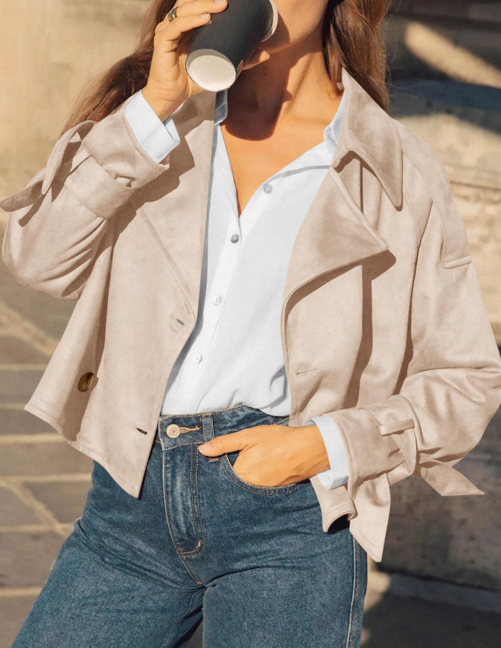 Women Faux Suede Double Breasted Trench Coat Cropped Jackets