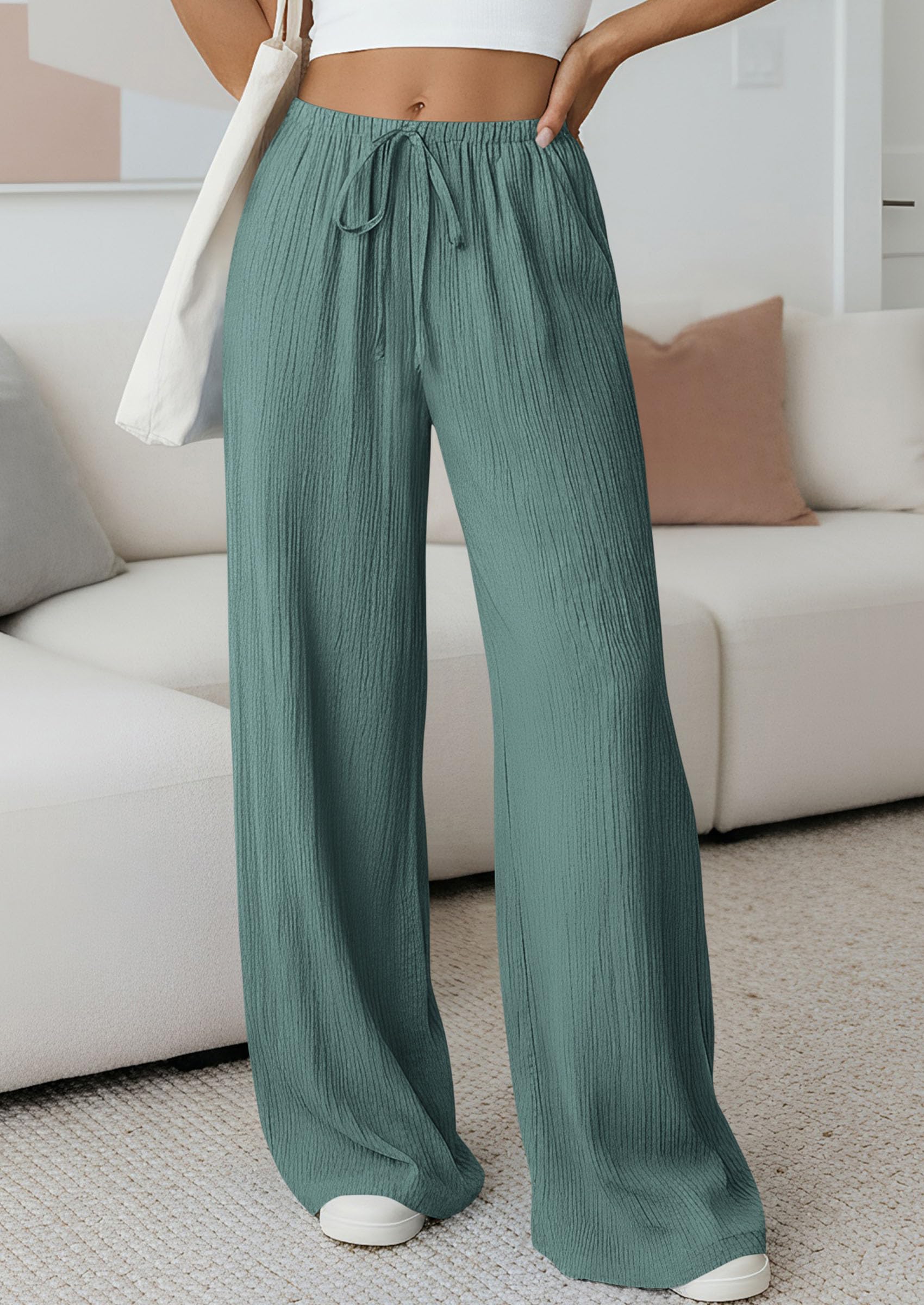 Women's Palazzo Pants Casual Wide Leg Trousers,Blue Green,S
