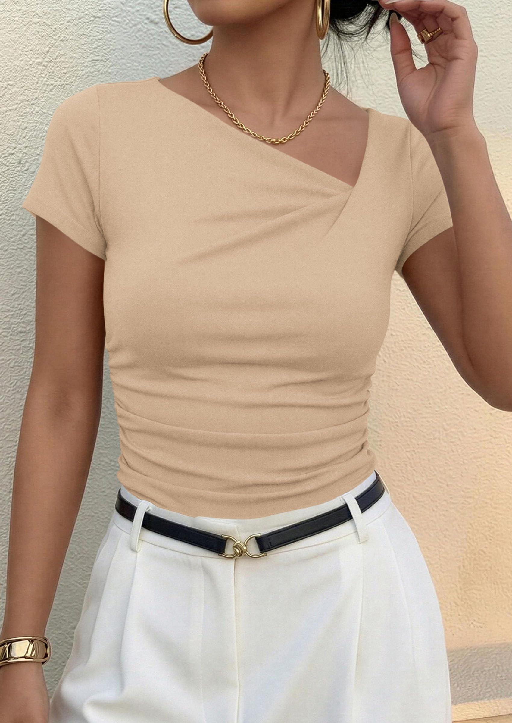 Women's Summer Trendy Asymmetrical Y2K Tops (Light Khaki,S)