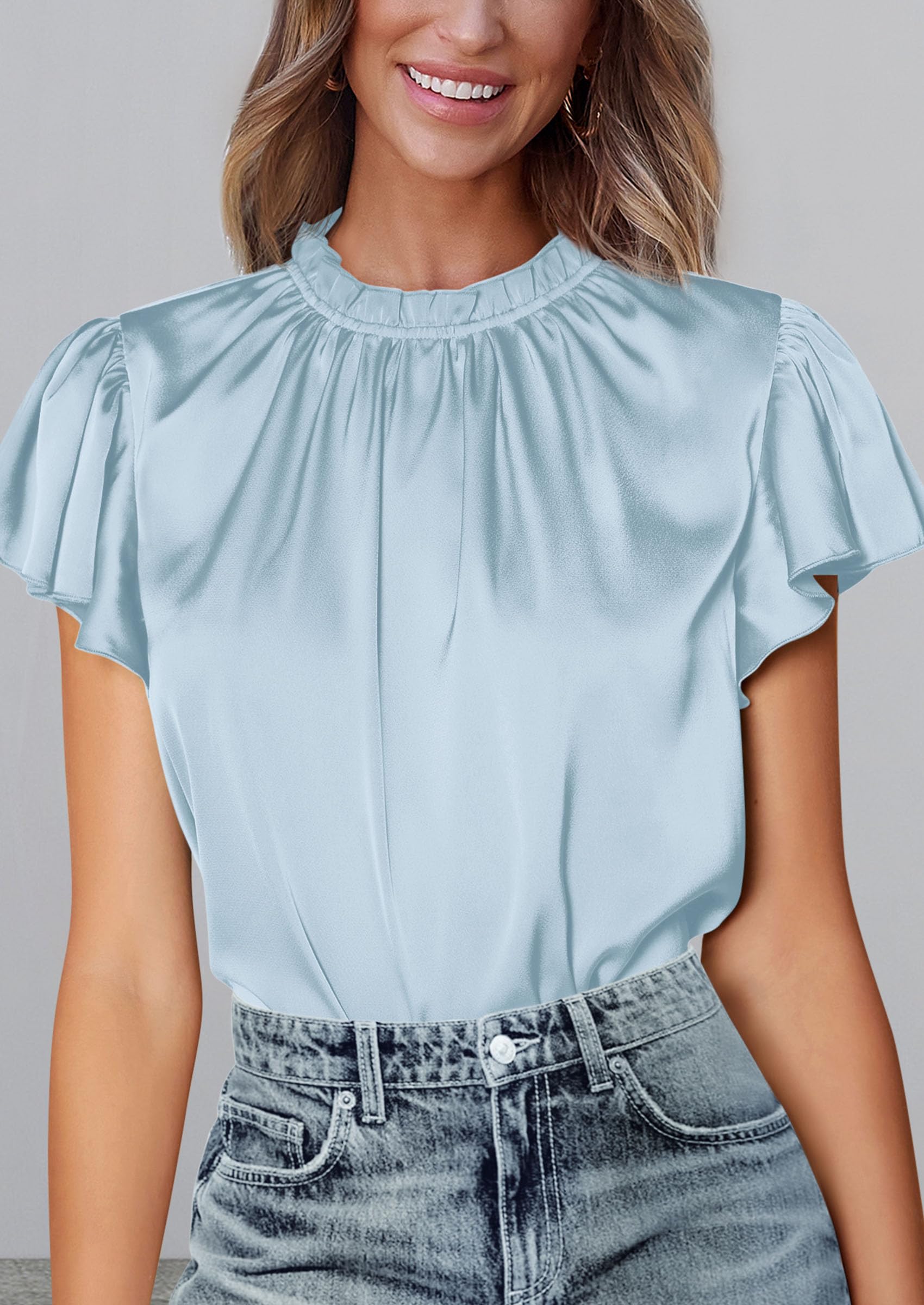 Women's Satin Tops Business Casual Work Blouses, Light Blue,S