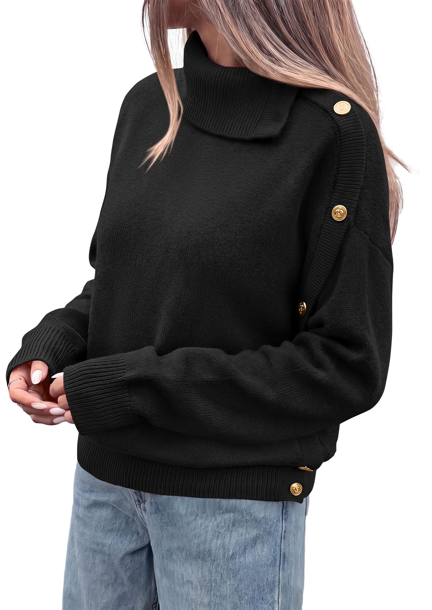 Womens Turtleneck Sweater Pullover Side Button Fall Clothes