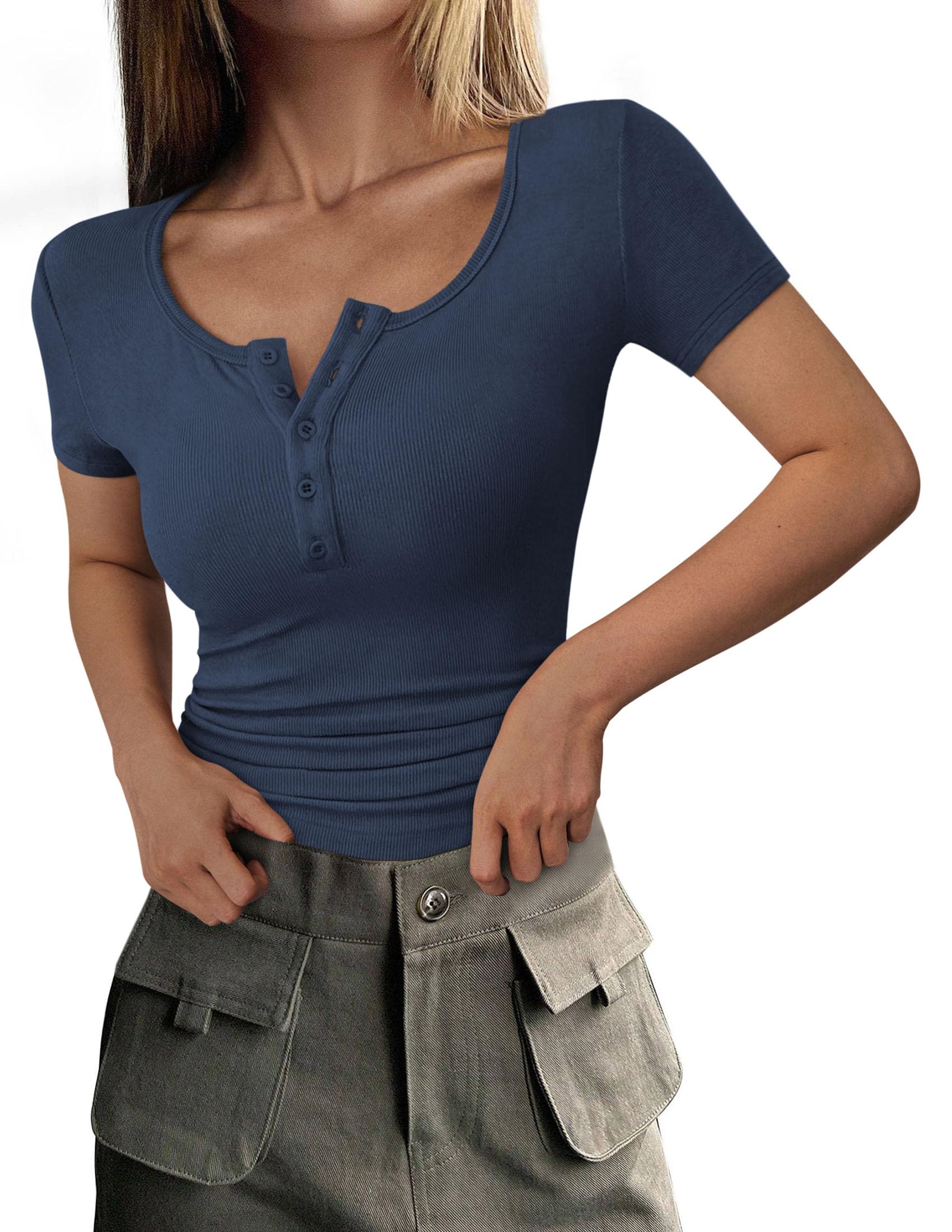 Women's Summer Tops Henley Tee Shirts (Dark Blue,X-Small)