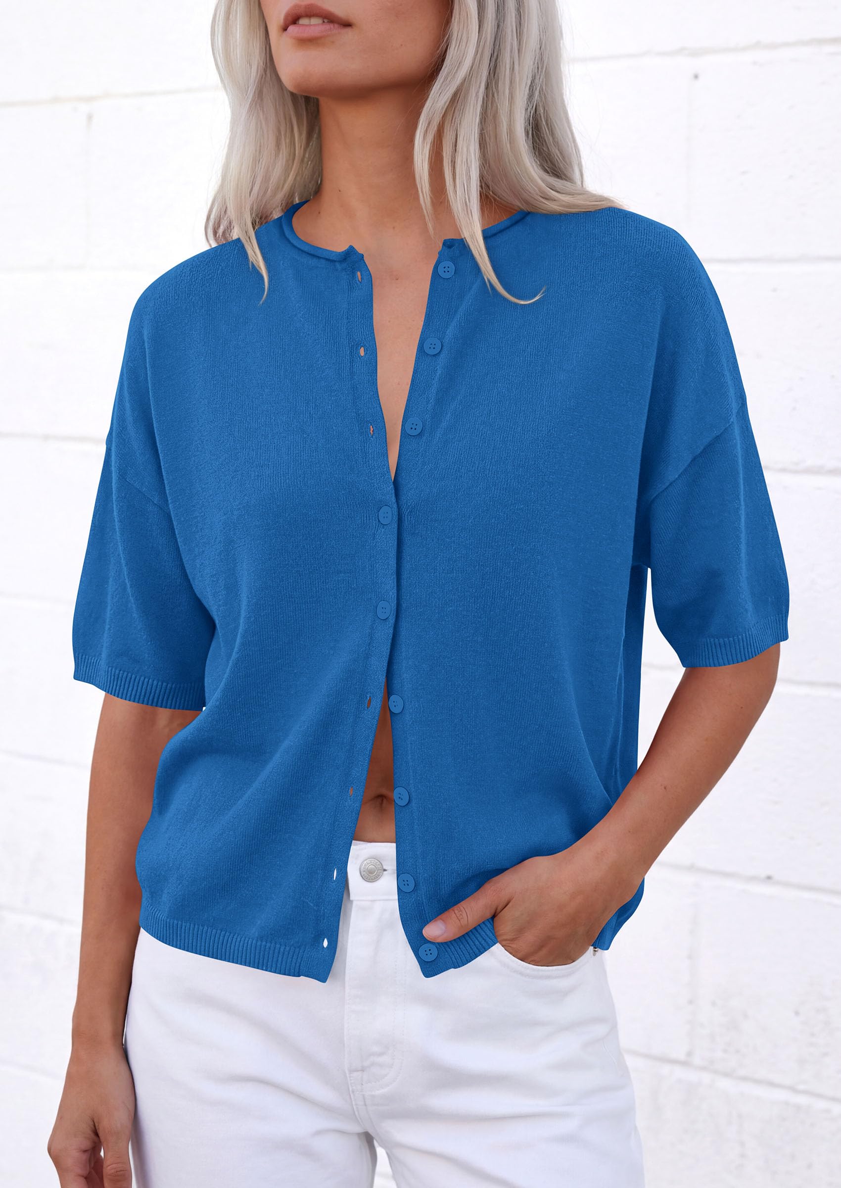 Women's Short Sleeve Cardigan Sweaters (Blue,Small)