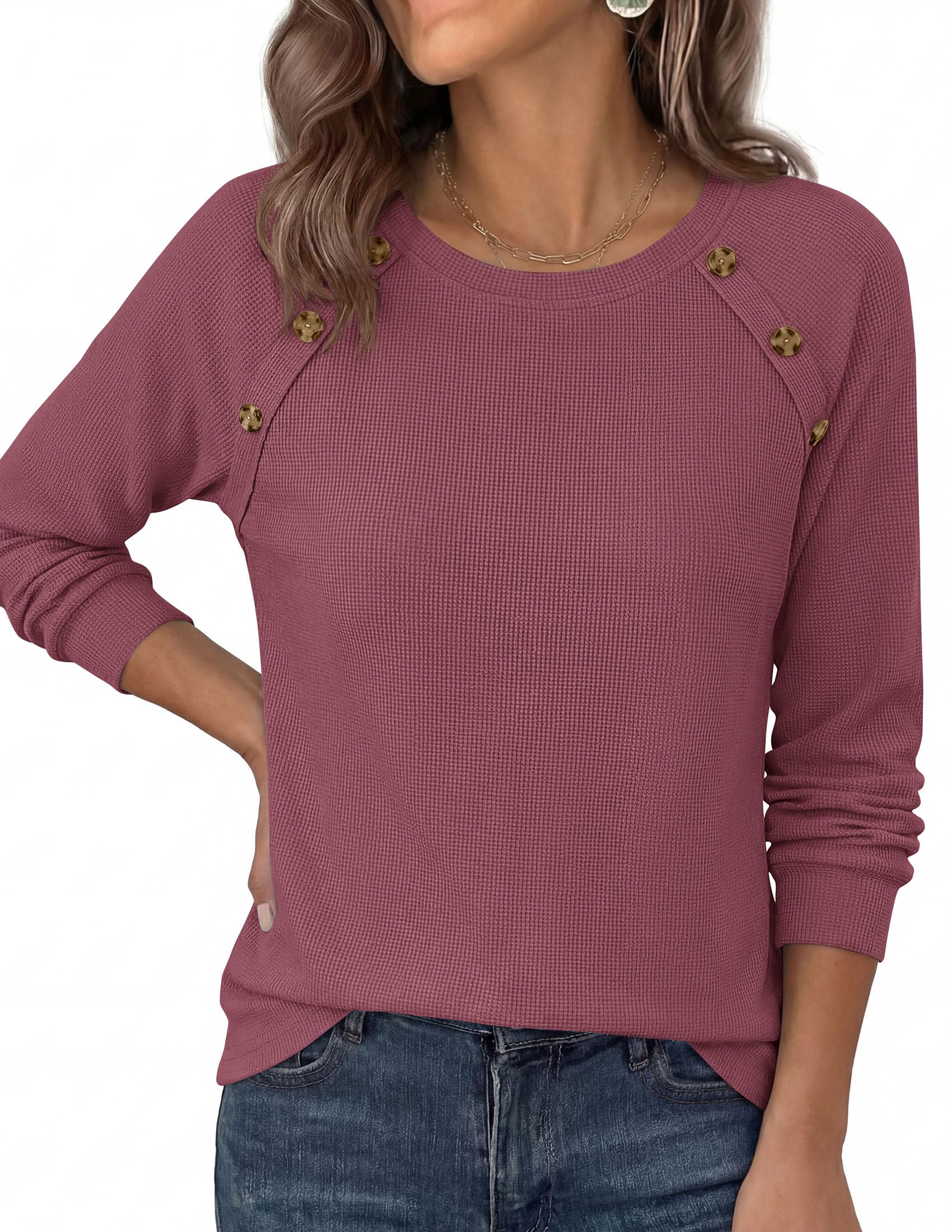 Fall Long Sleeve Waffle Knit Shirts for Women Loose Tunic Tops
