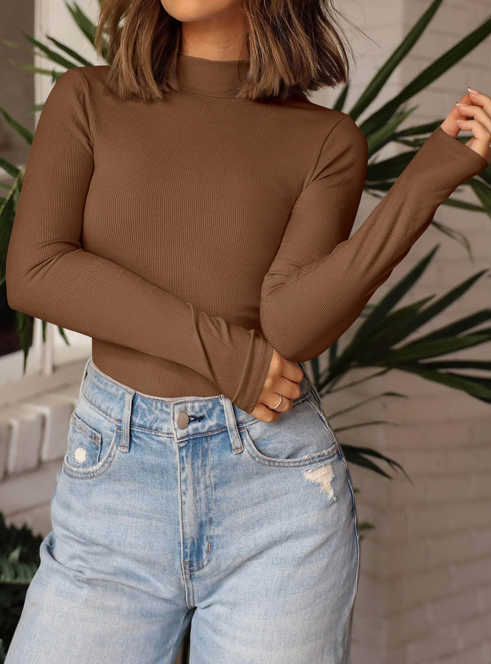 Womens Mock Turtleneck Fall Long Sleeve Shirts,Brown,XS