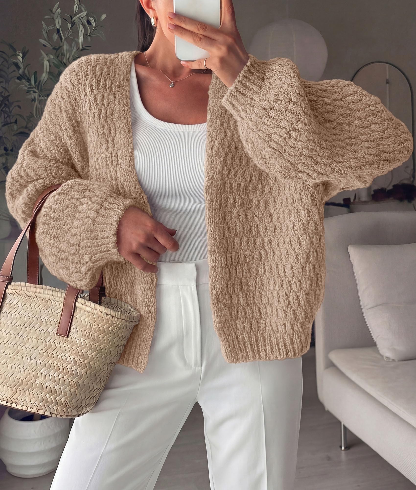 Women's Fall Cardigan Open Front Chunky Sweaters Khaki S