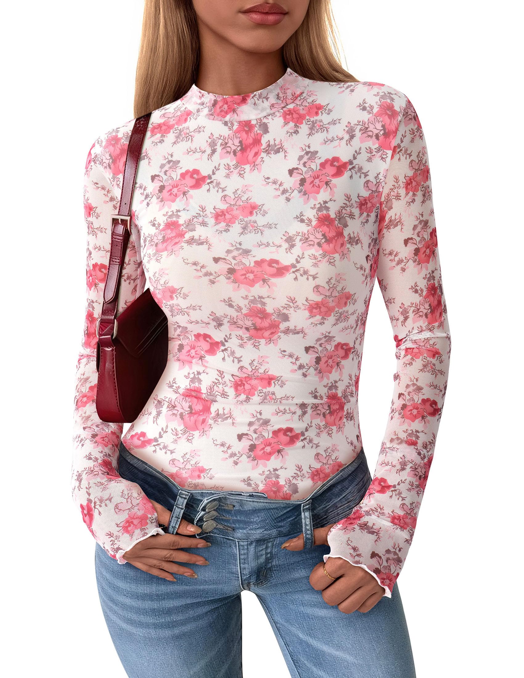 Womens Floral Mesh Long Sleeve Tops Fall Slim Fitted Shirts