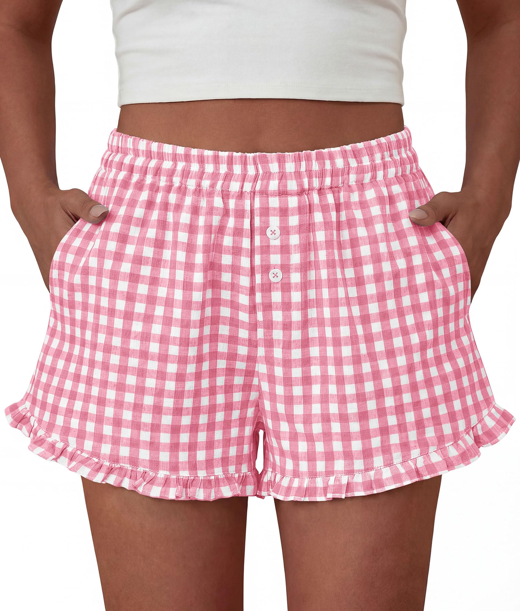 Womens Boxer Shorts Striped Gingham Ruffle Pajama Bottoms