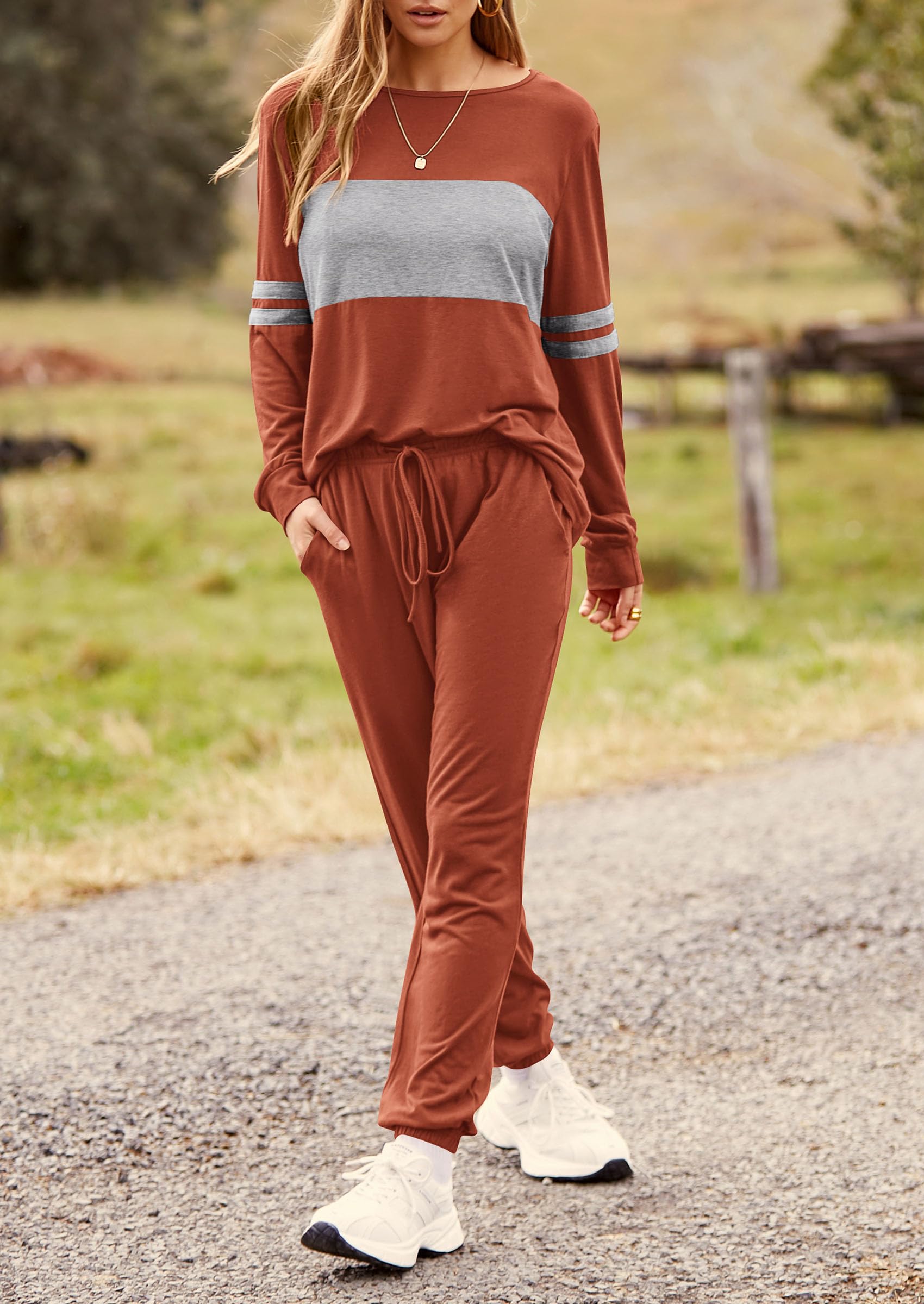 Women Color Block 2 Piece Sets Tracksuit,Caramel,S