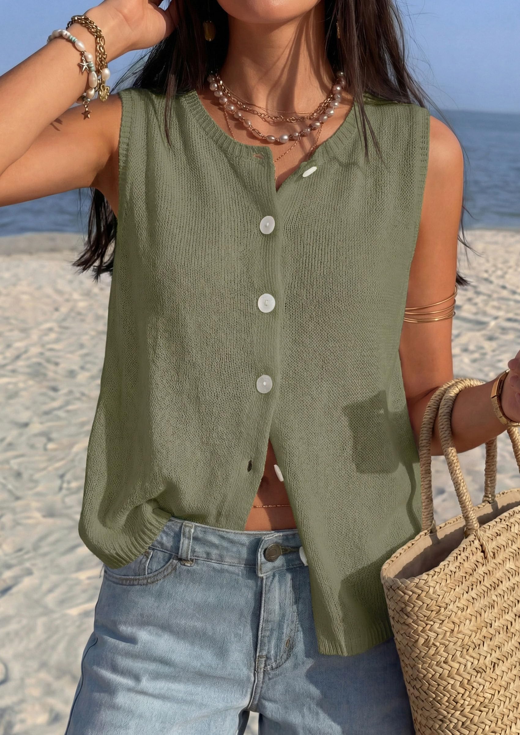 Women's Summer Button Up Sweater Vest Tops,Army Green,S