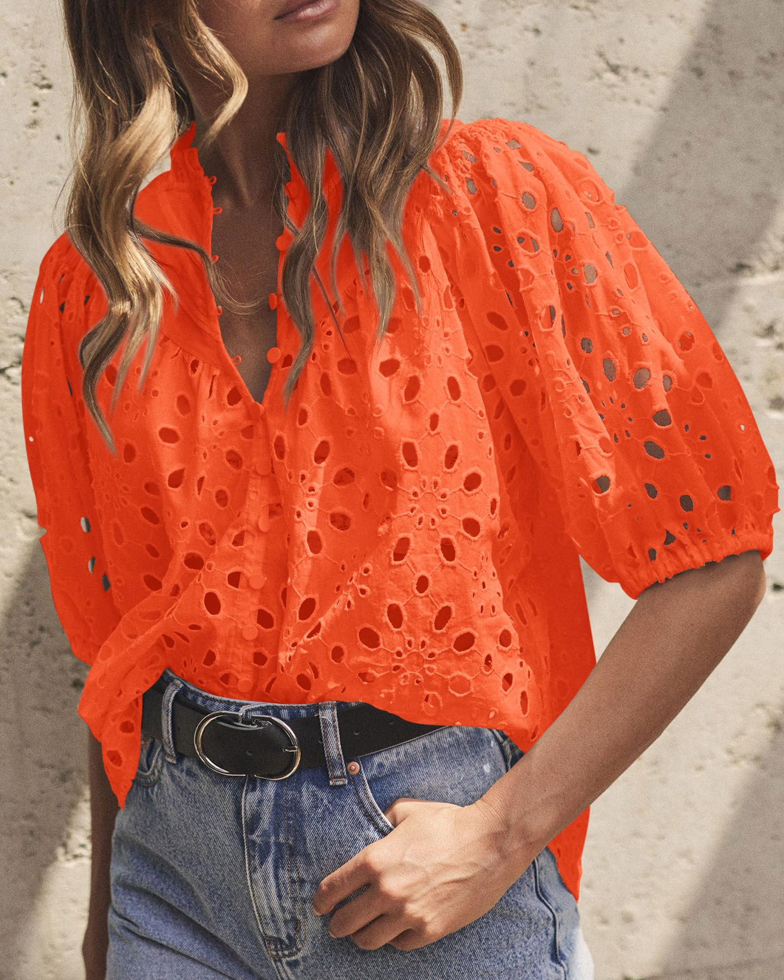 Womens Tops Boho Eyelet Puff Sleeve Blouse, Orange,S