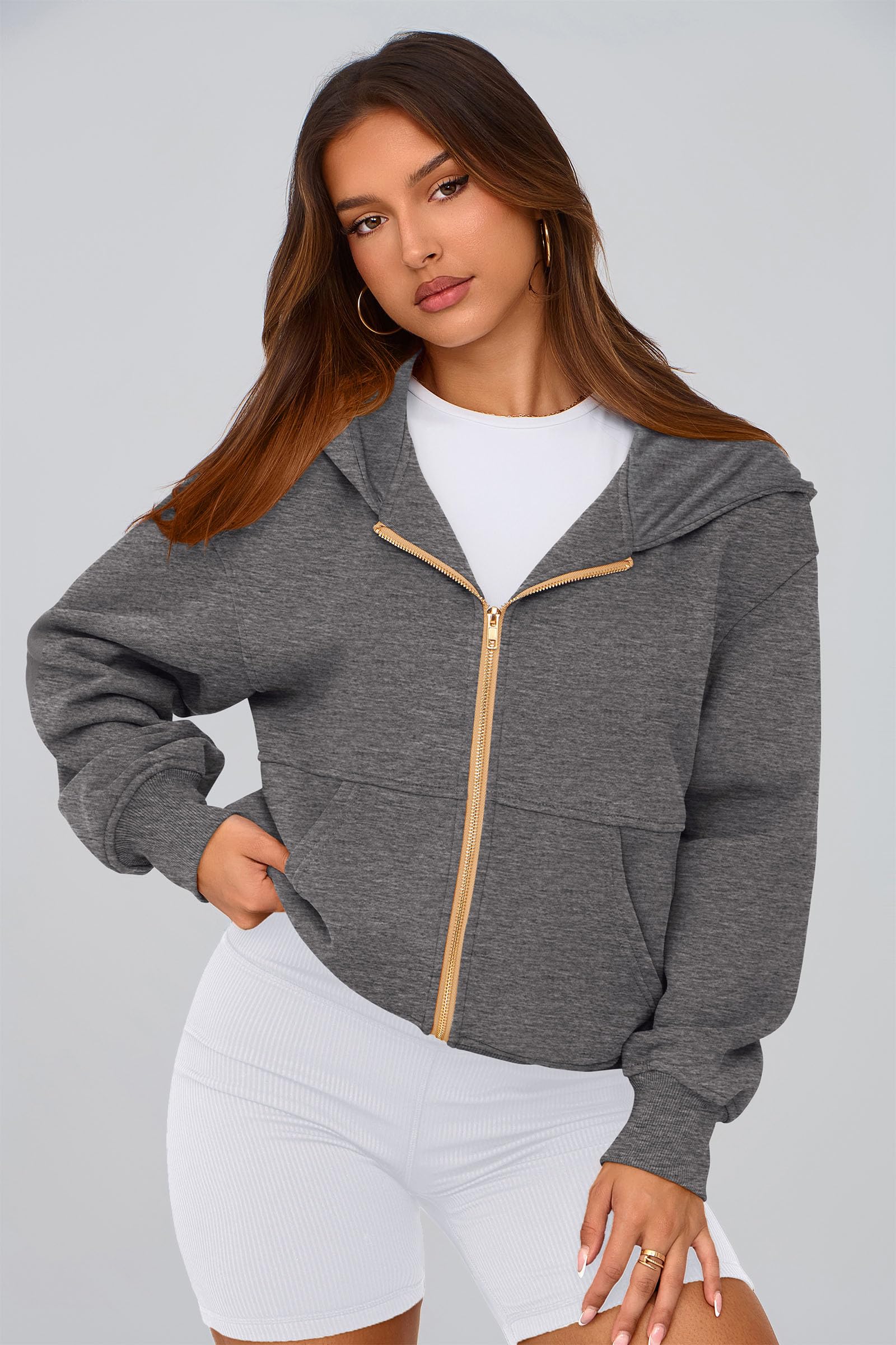 Hoodies for Women Fall Fashion Zip Up Fleece Plain Sweatshirt