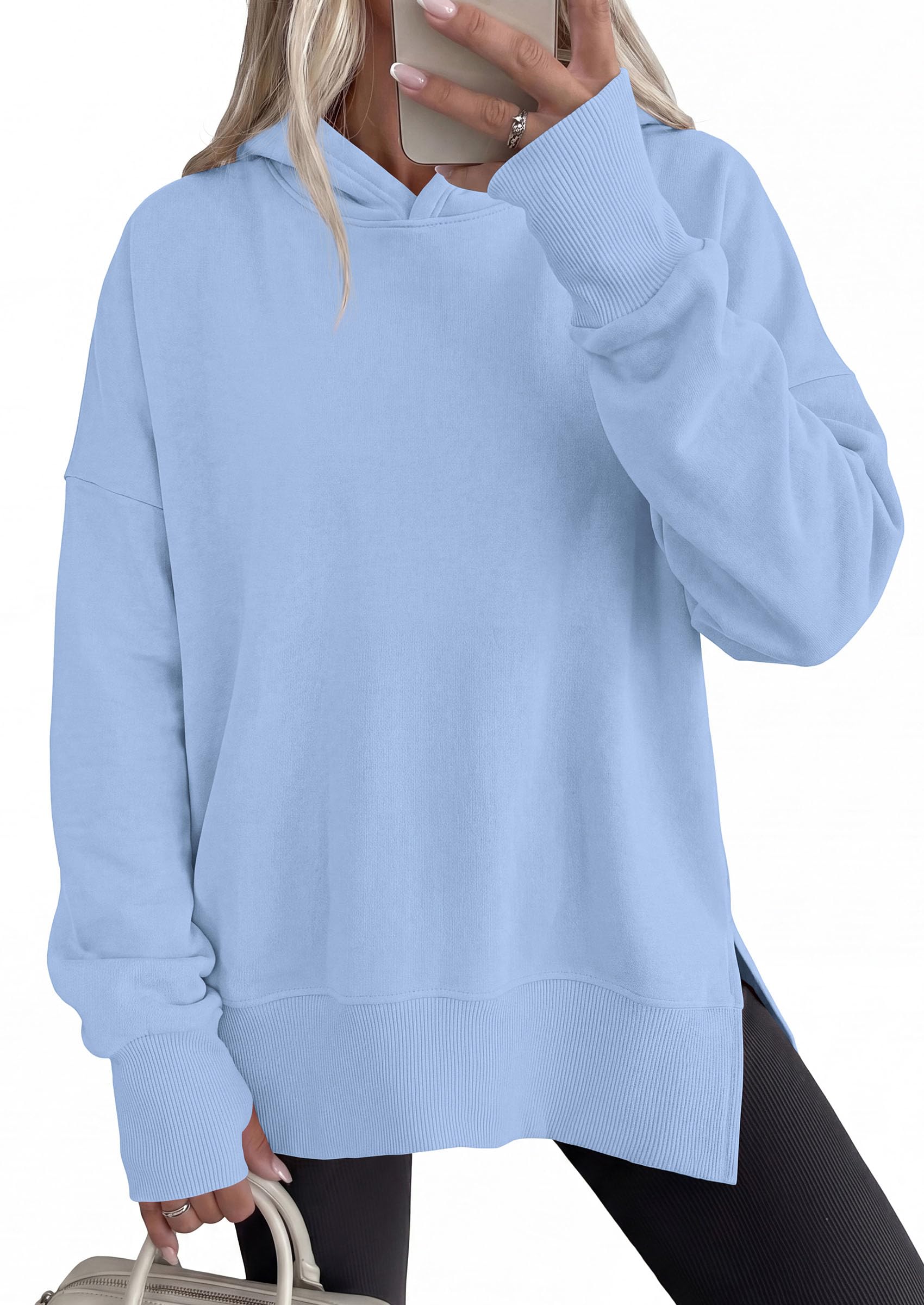 Womens Oversized Hoodies Side Slit Sweatshirts Light Blue,L