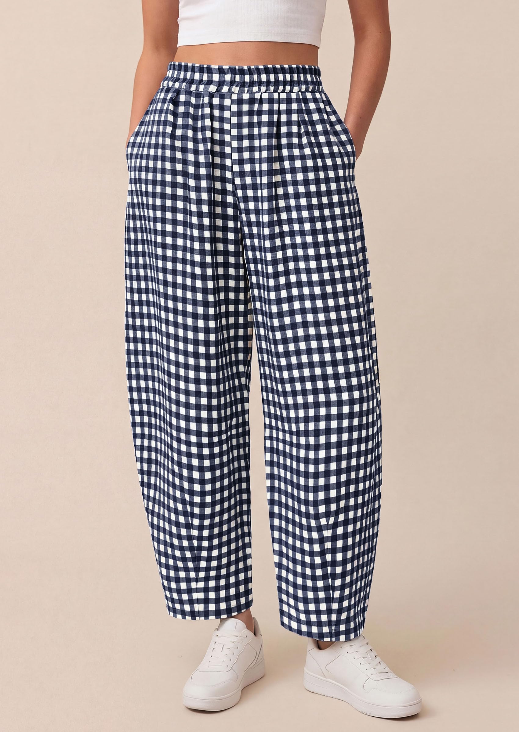 Plaid Barrel Pants Women Summer Bottoms, Navy Blue Plaid,S