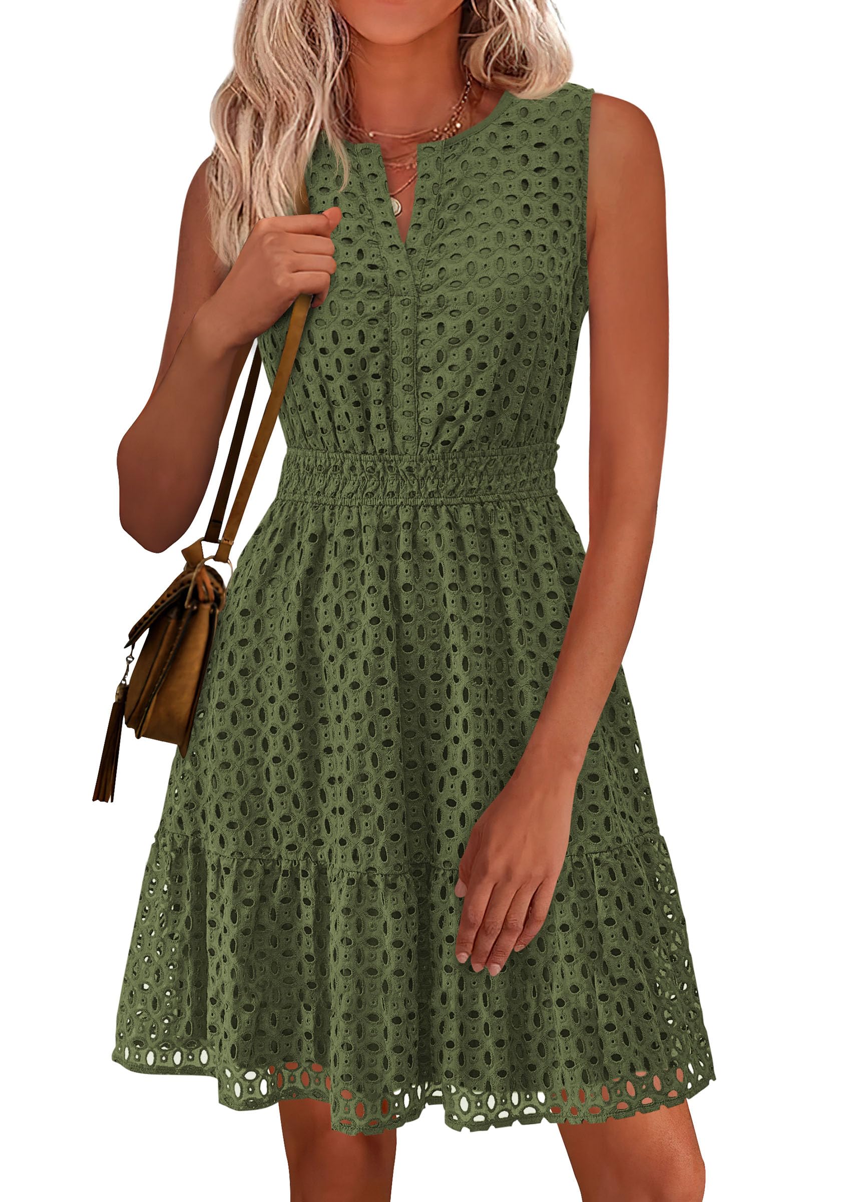 Women's Summer Eyelet A Line Short Dresses,Army Green,S