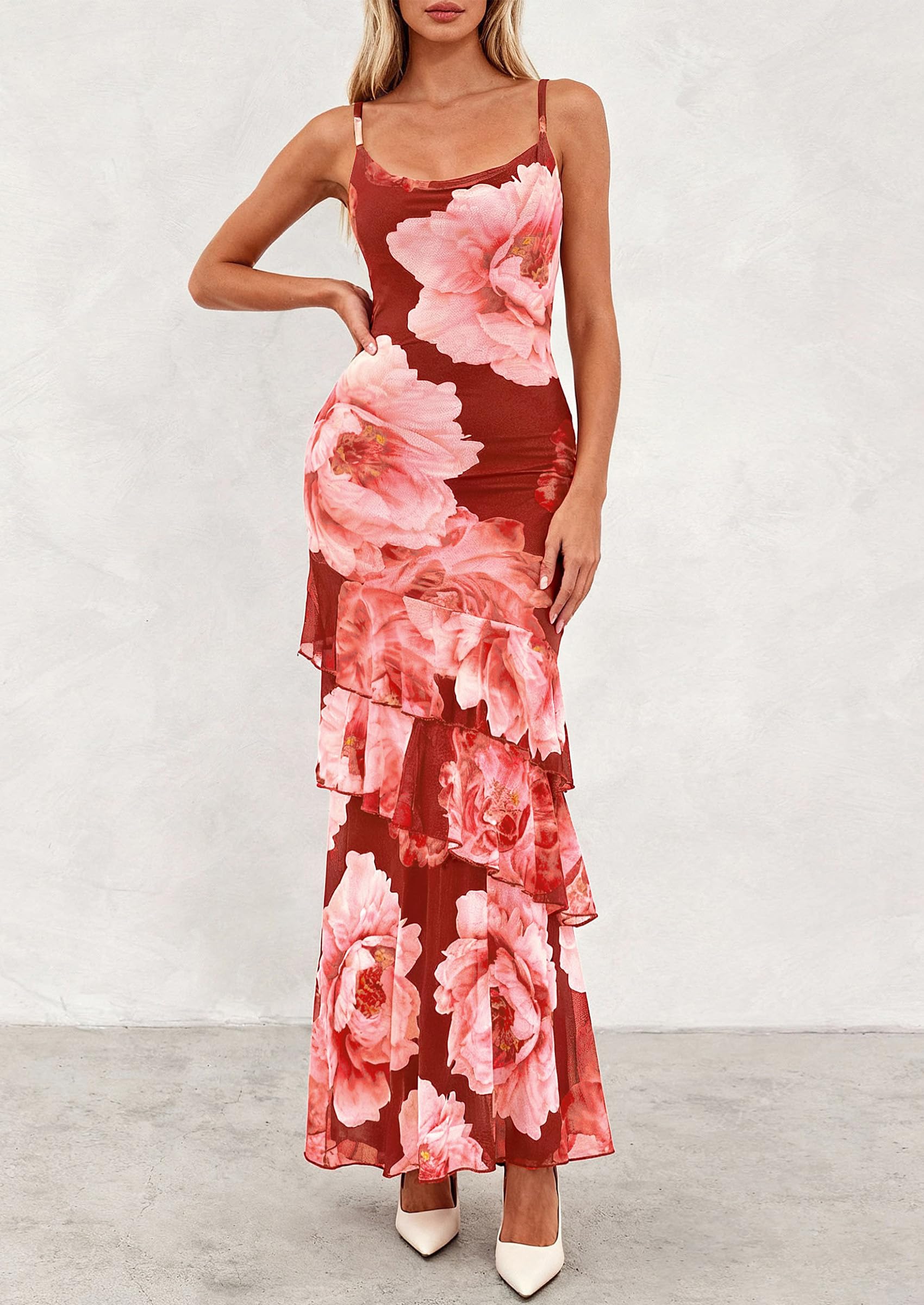Women's Boho Floral Tiered Maxi Dress, Wine Red Big Floral,XS