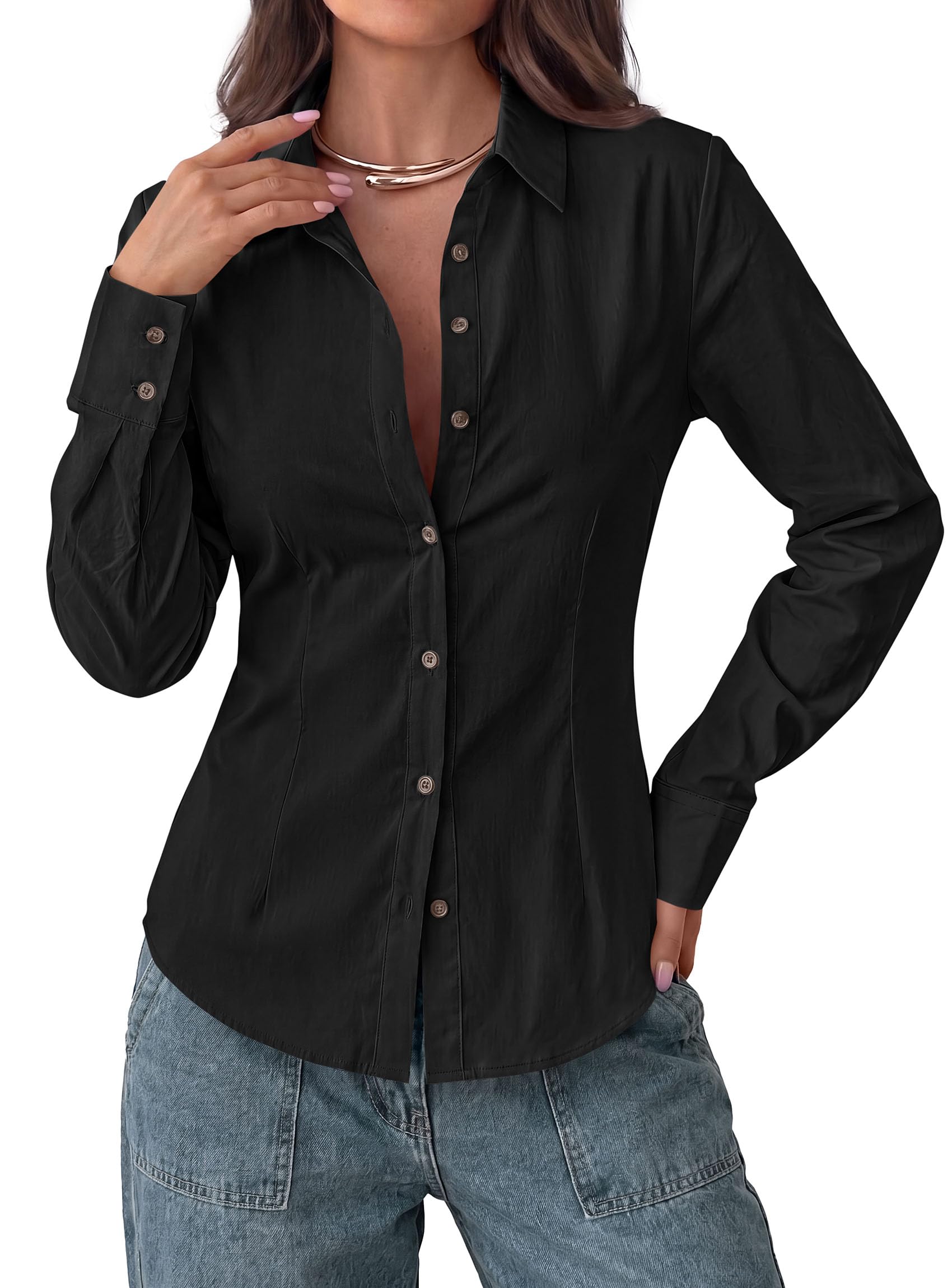 Womens Button Down Shirts Long Sleeve Blouse (Black,S)