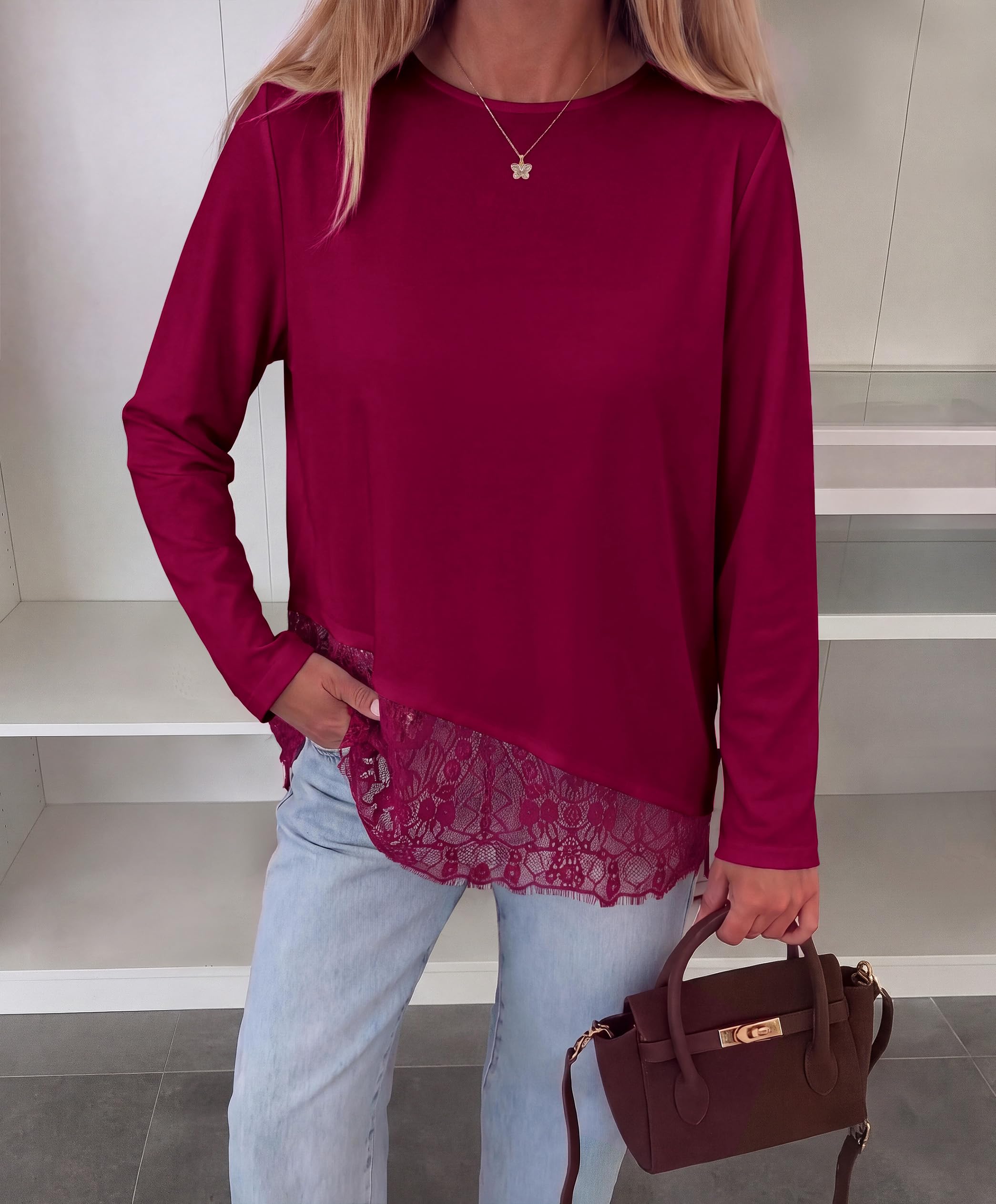 Women's Lace Patchwork Long Sleeve Shirts,Wine Red,S