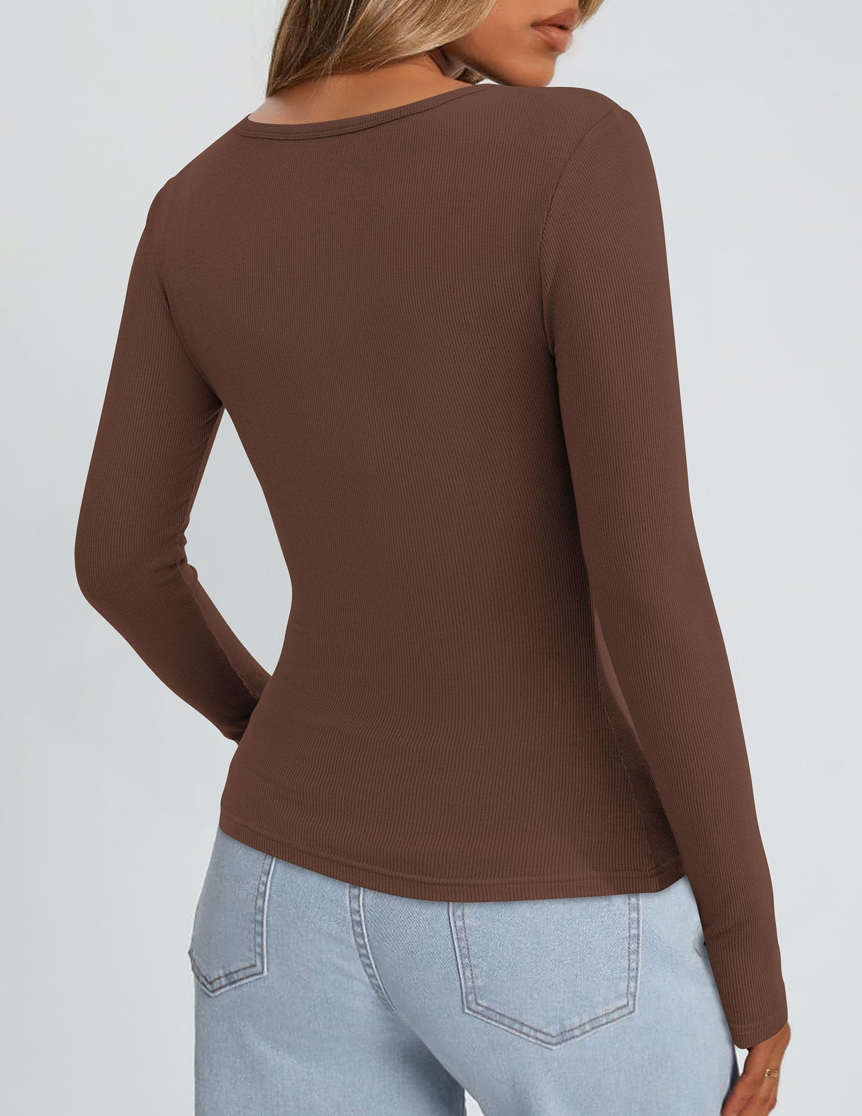 Square Neck Long Sleeve Shirts for Women Brown,S