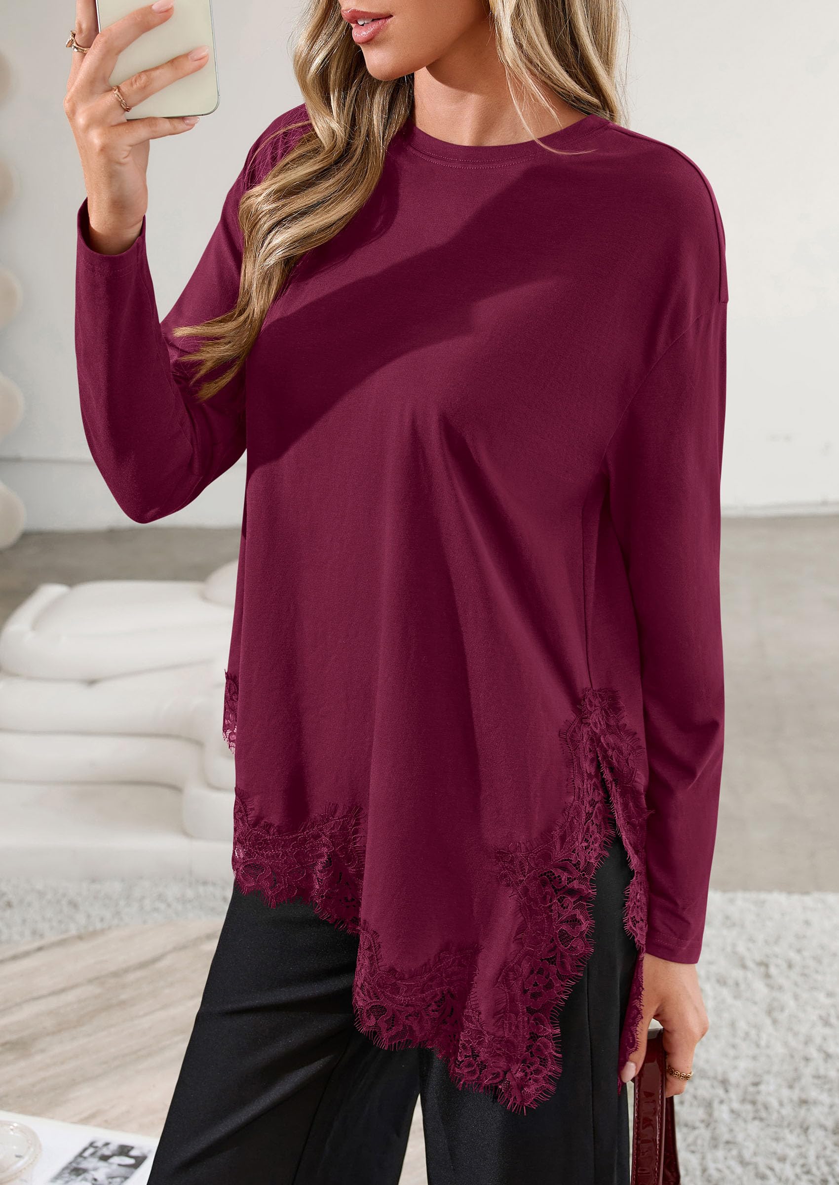 Women's Long Sleeve Asymmetrical Lace Tops Oversized Tshirts