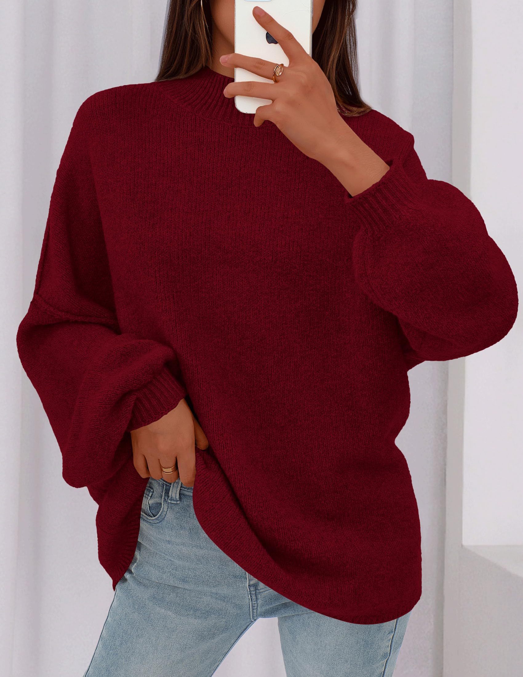 Women's Oversized Sweaters Fall Clothes (Burgundy,S)