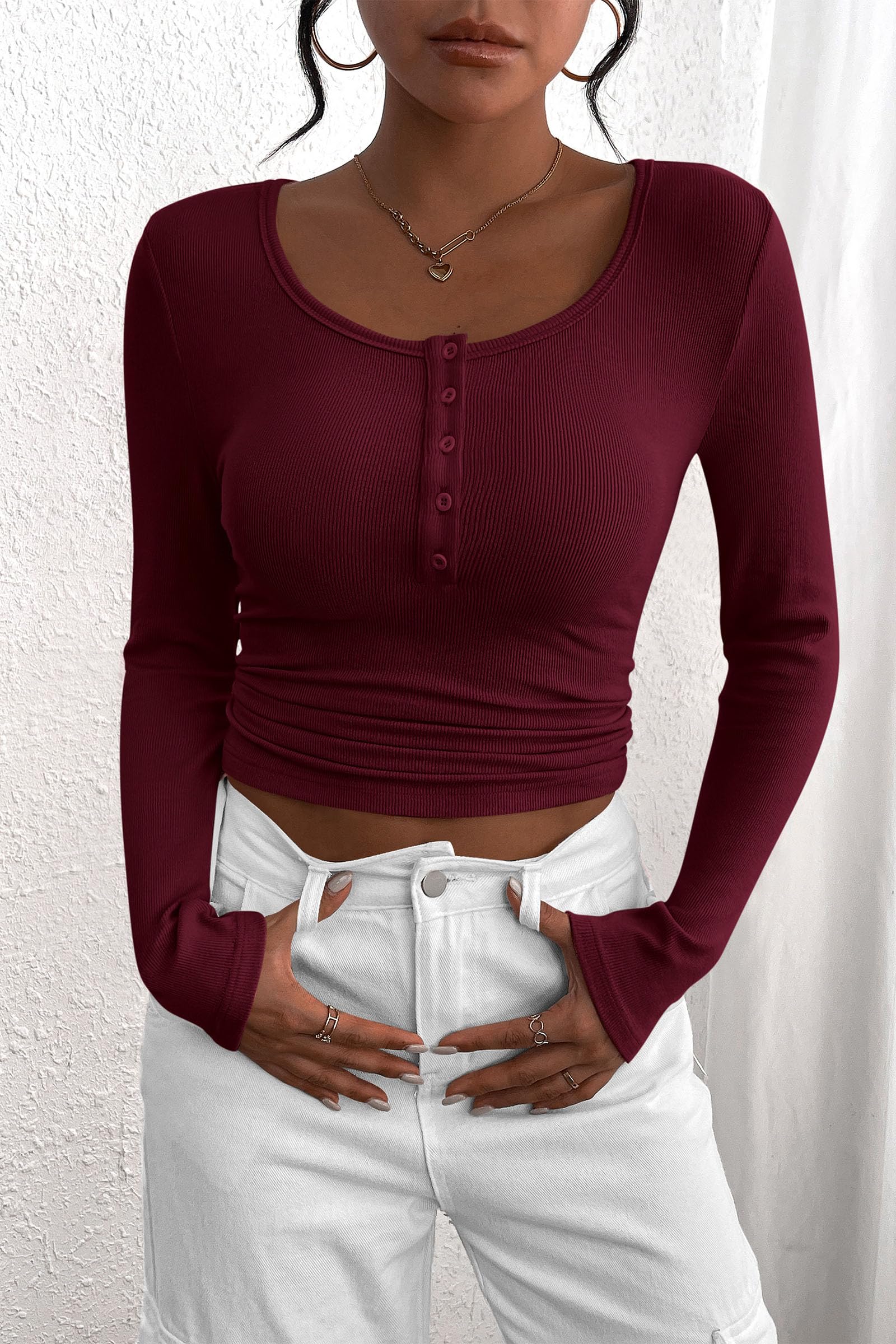 Women's Fall Long Sleeve Henley T Shirts Wine Red