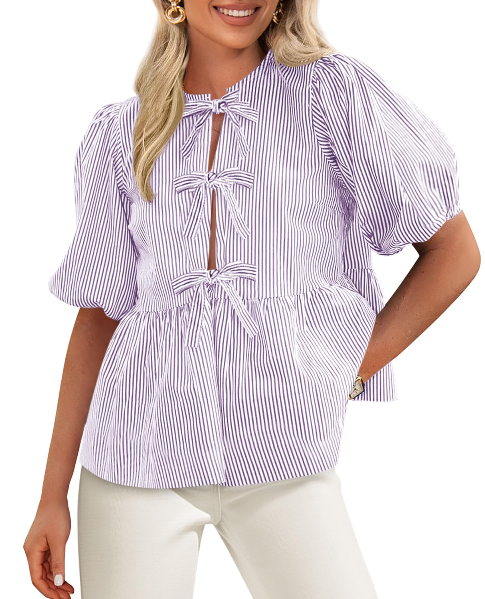 Women Striped Tie Front Babydoll Peplum Tops, Light Purple,S
