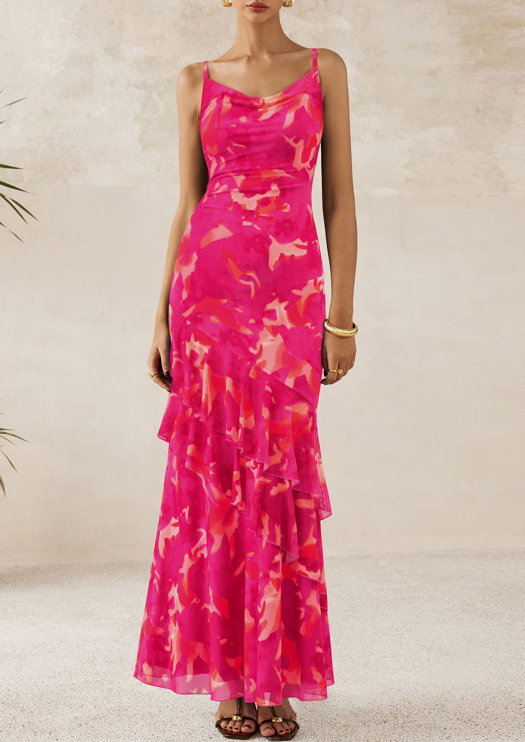 Women's Boho Floral Tiered Maxi Dress, Floral Rose Red,XS
