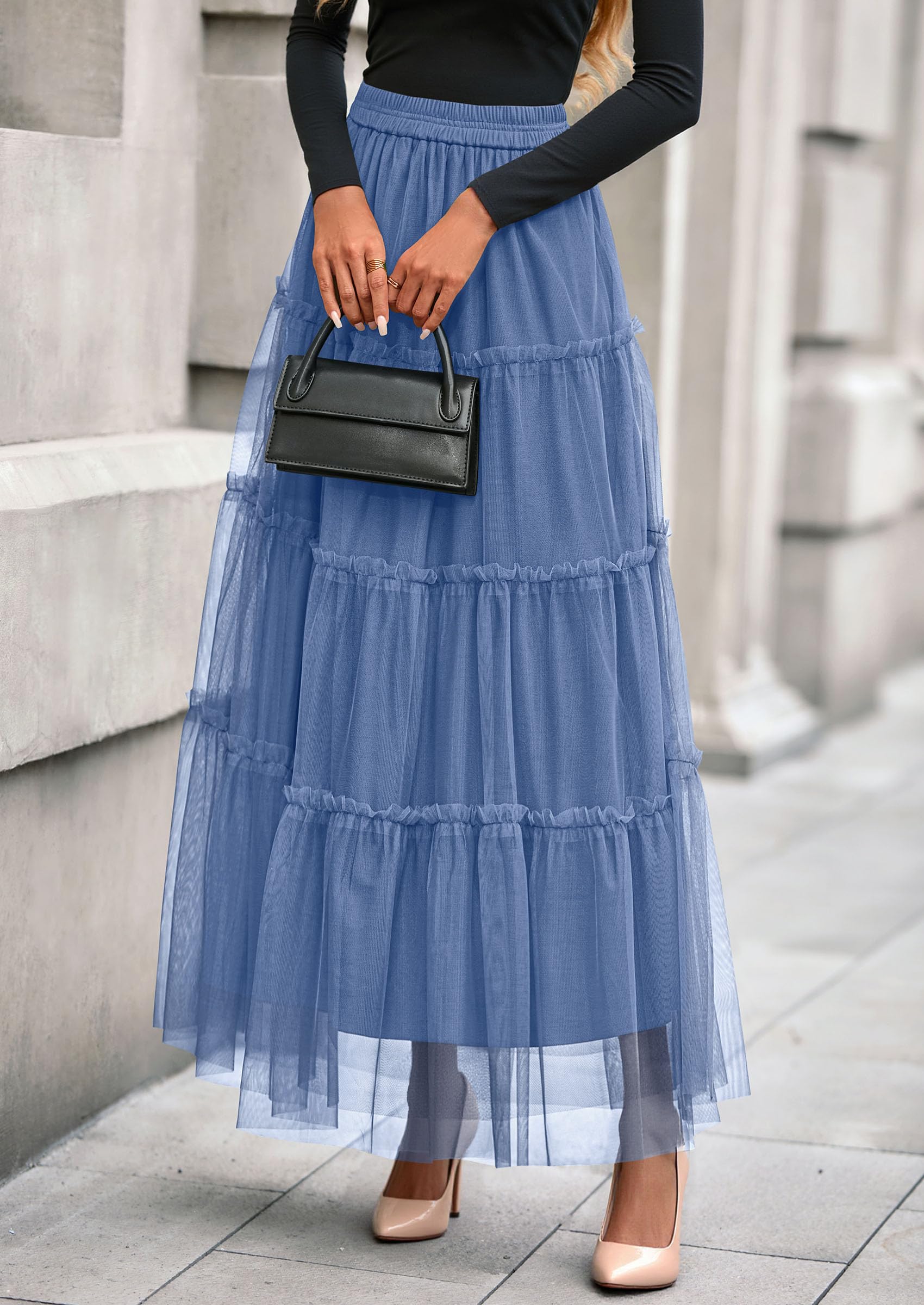 Women's Fall Soft Tulle Tiered Long Skirt,Grey Blue,S
