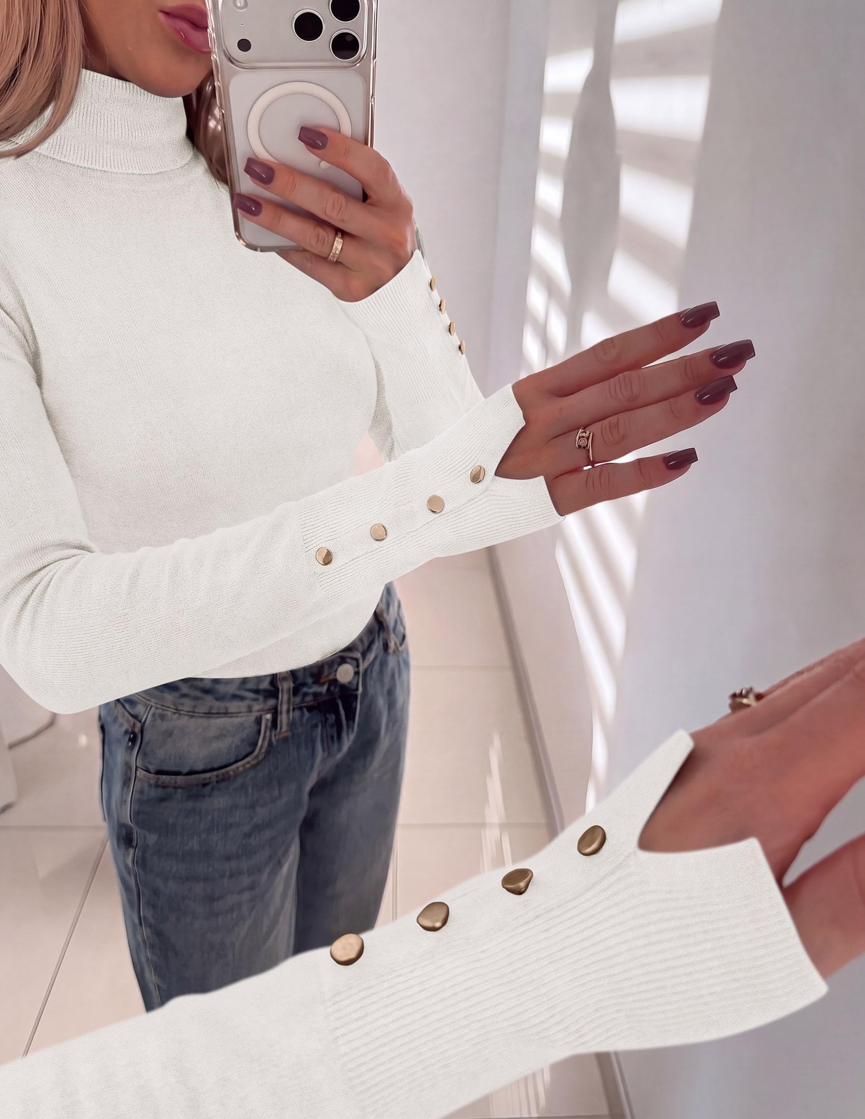 Women Turtleneck Sweaters Fall Long Sleeve Tops,White,S