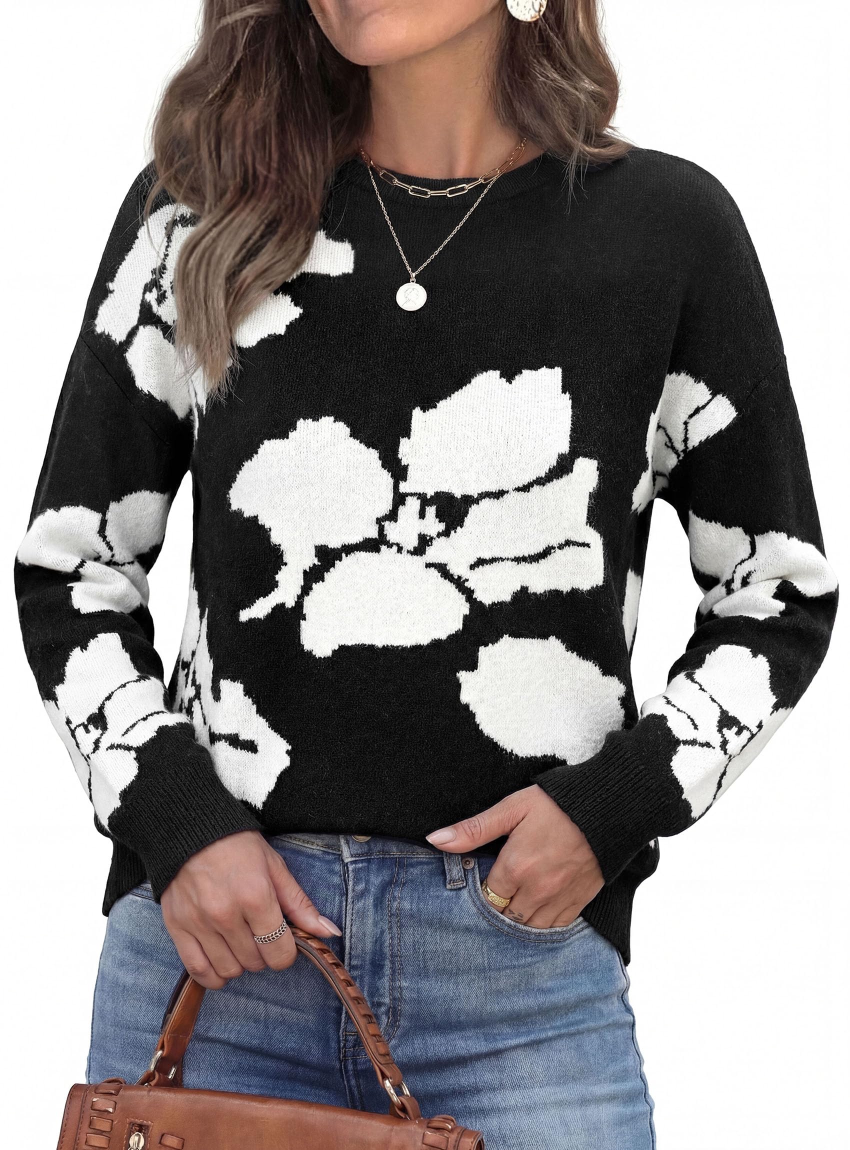 Womens Floral Sweater Crewneck Printed Pullover Tops Black