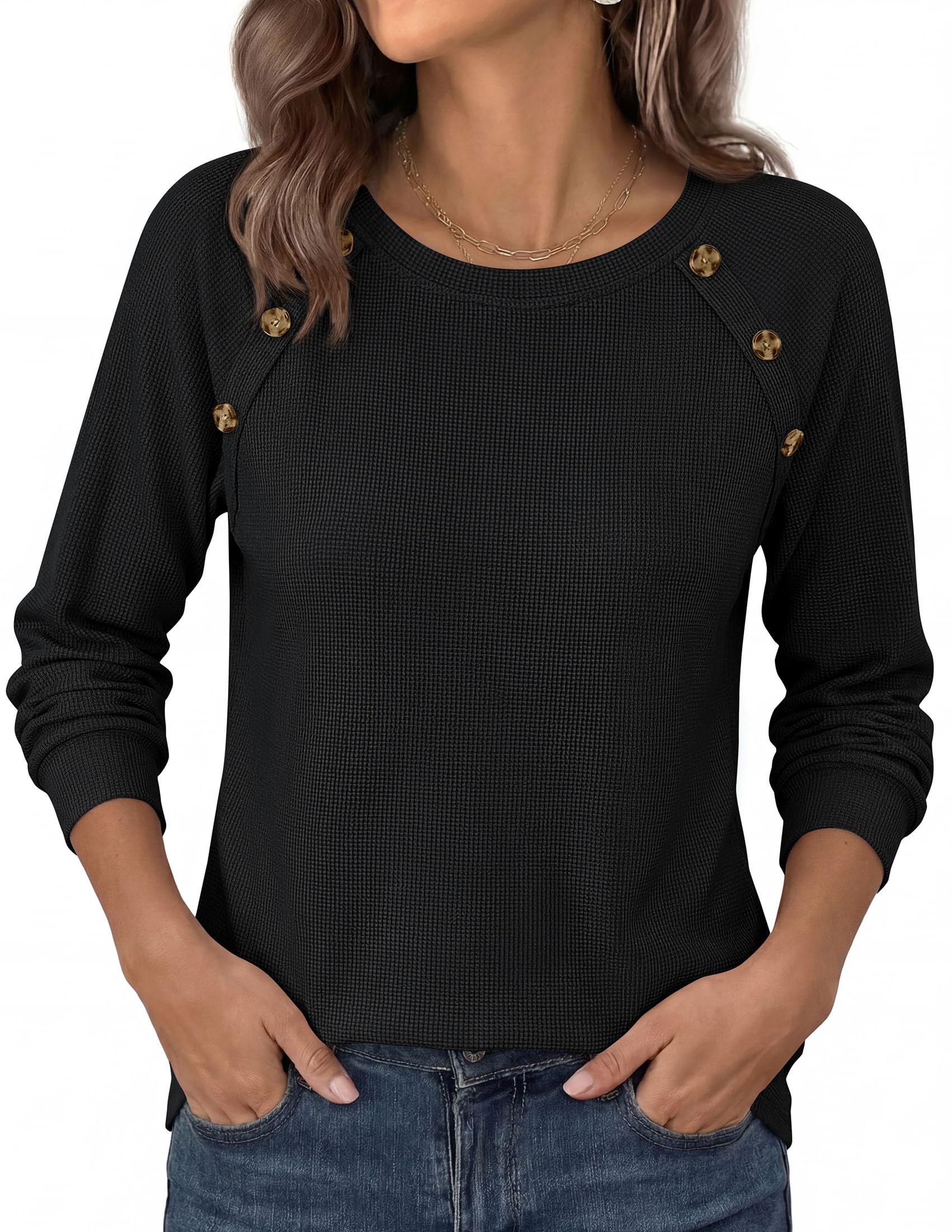 Fall Long Sleeve Waffle Knit Shirts for Women Loose Tunic Tops