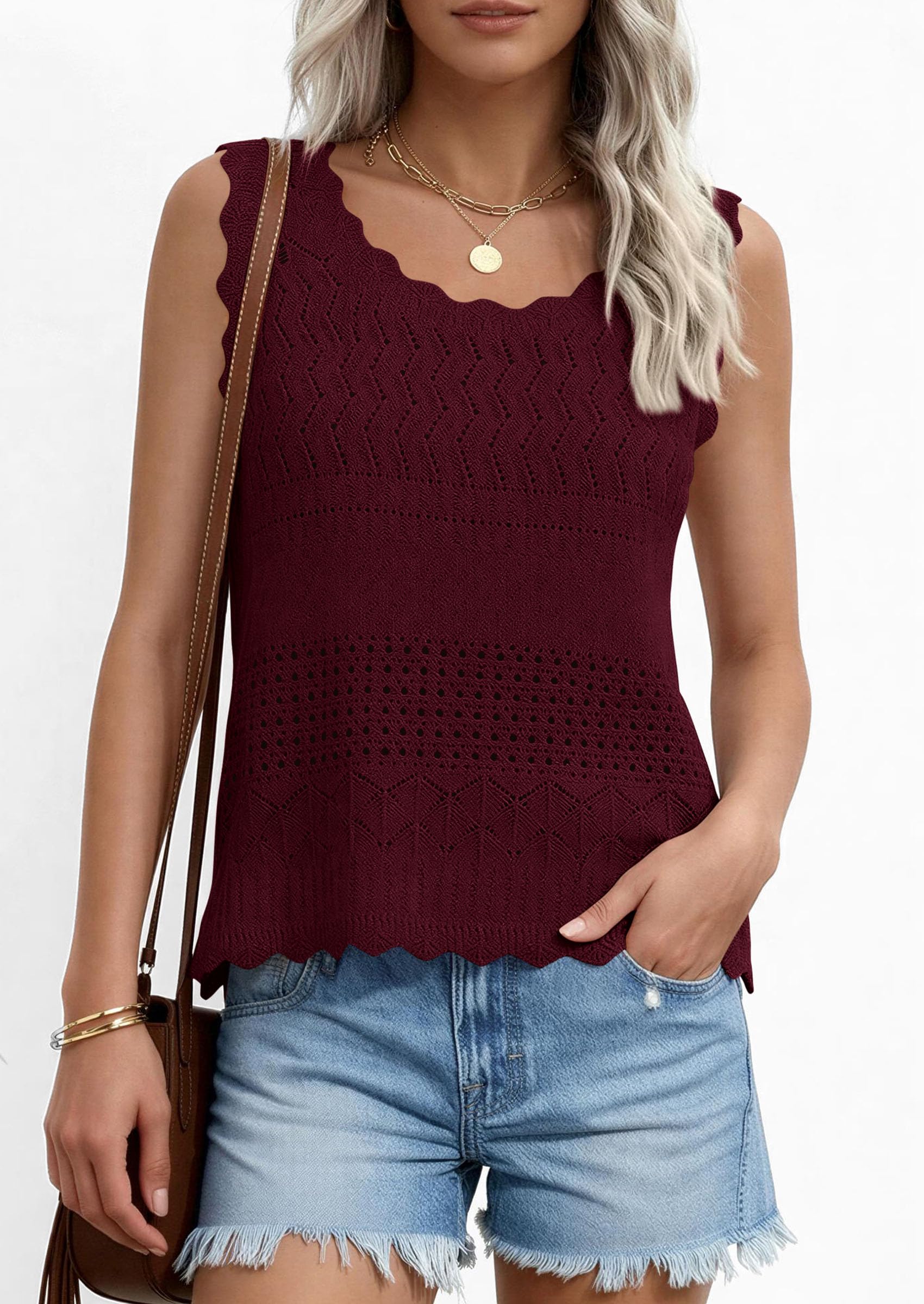 Womens Crochet Tank Tops Knit Sleeveless Vest,Wine Red,S