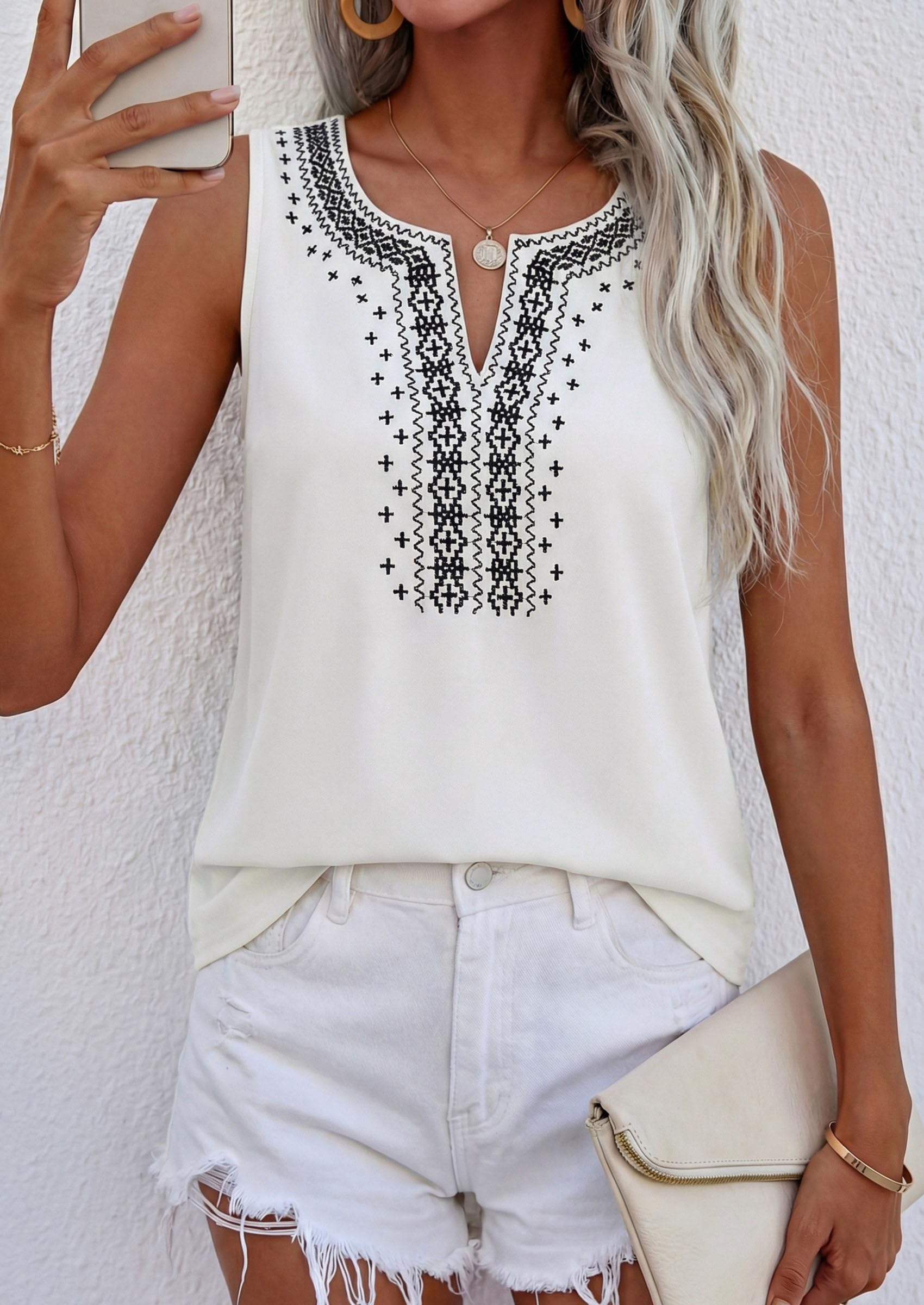 Womens Embroidered Sleeveless Tank Tops White,S