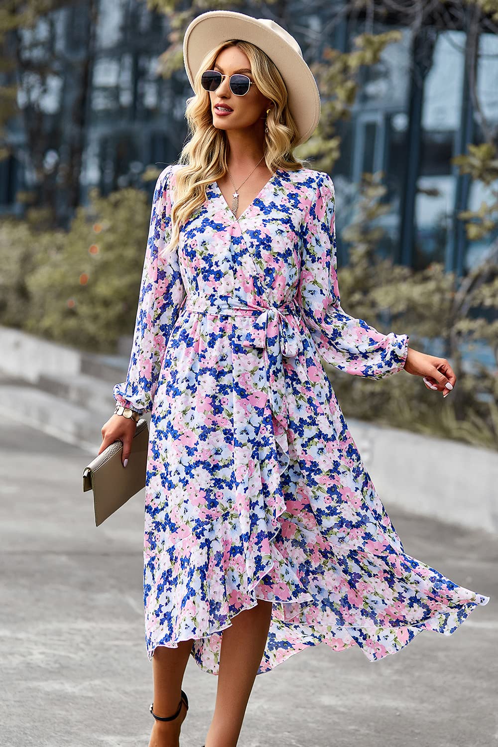 Women's Floral Boho Long Sleeve Maxi Dress, Floral Apricot,S