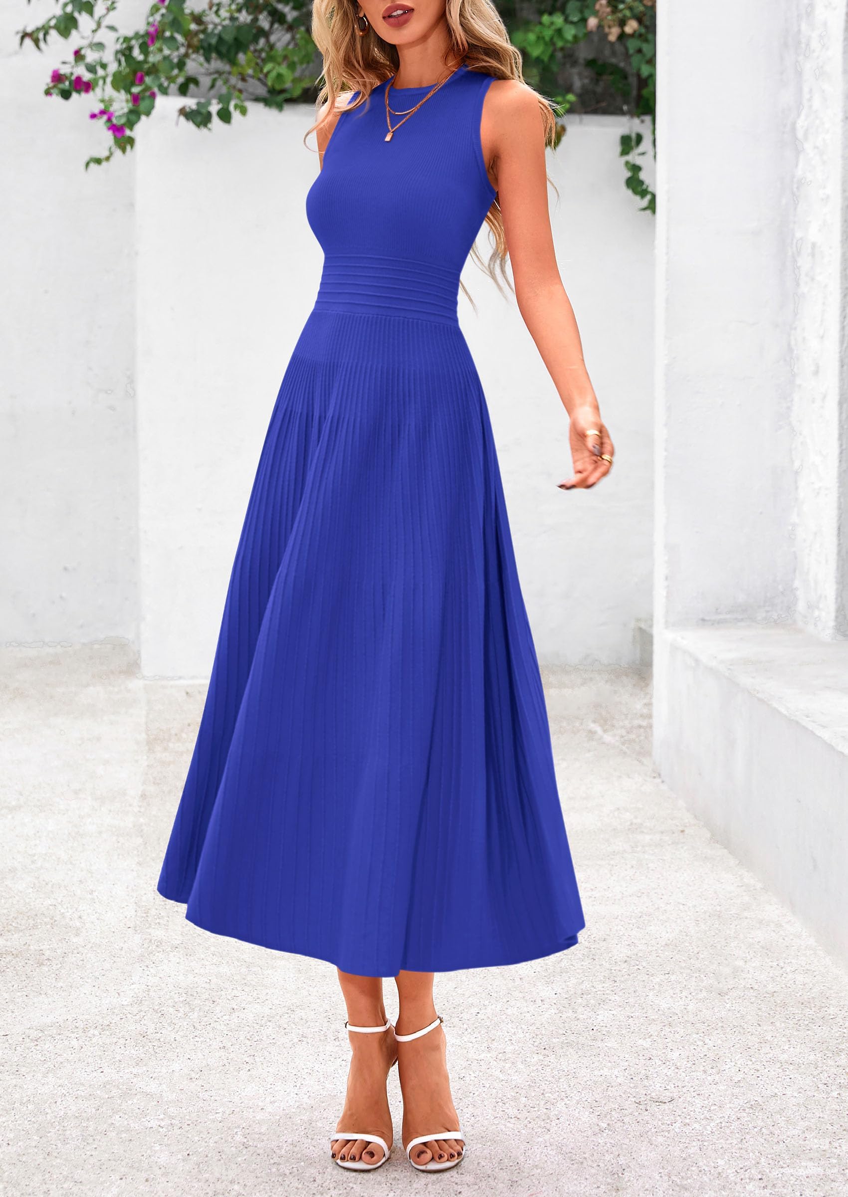 Women's Summer Pleated Midi Work Dress,Brilliant Blue,S