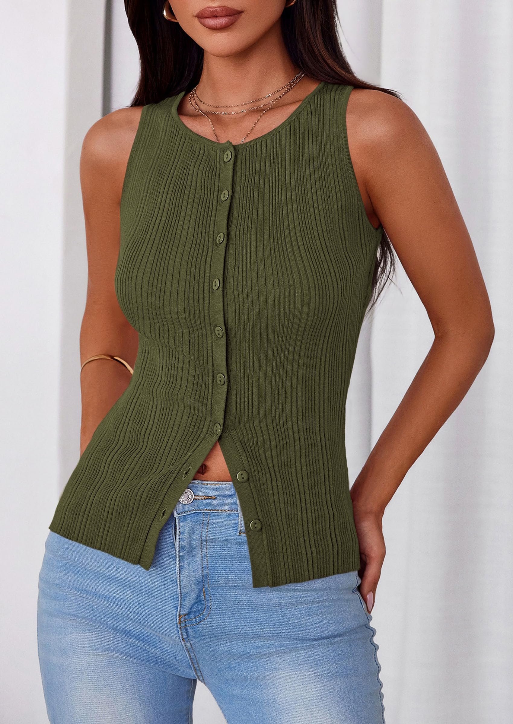 Sleeveless Button Down Shirts for Women Summer 2026 Going Out Ribbed Knit Tank Tops Y2K Clothes Trendy Vest Tops Army Green